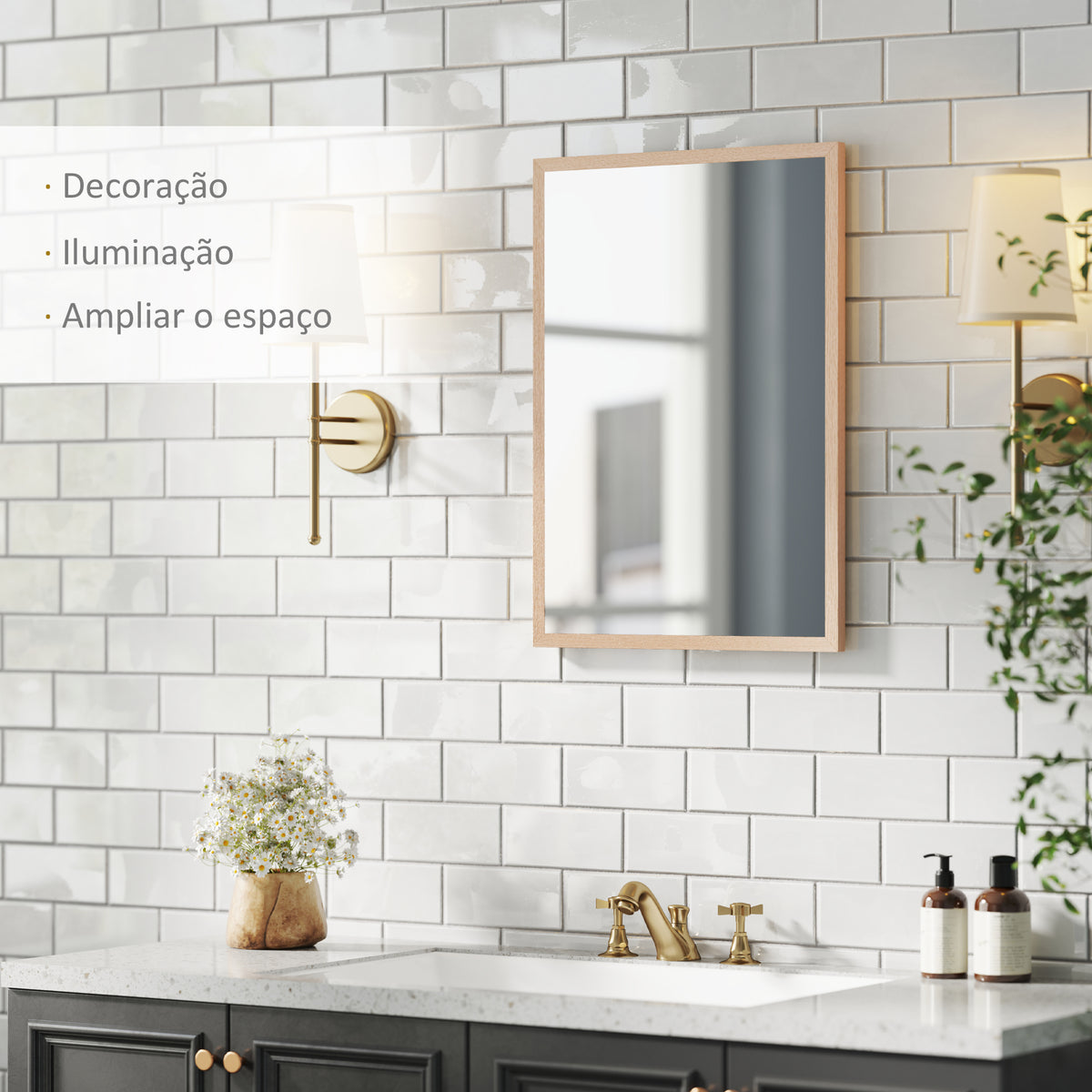 Espelho de Parede Decorativo 50x70 cm Espelho Retangular Espelho de Banheiro com 4 Ganchos Metálicos Estilo Moderno para Sala Quarto Entrada Madeira — foto 4