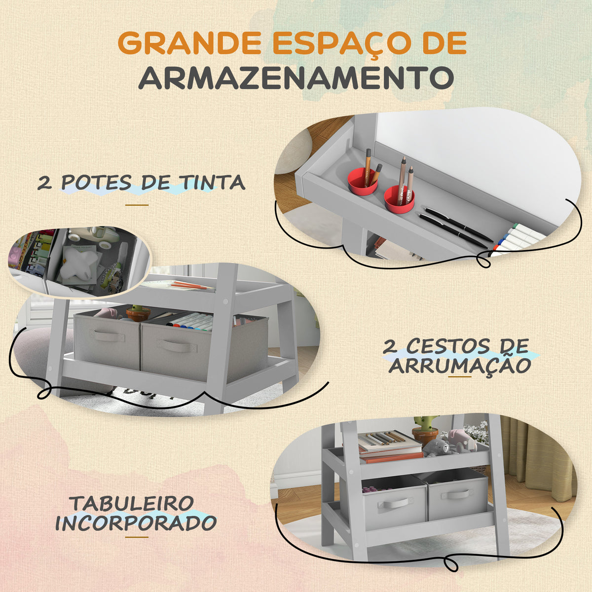 Quadro infantil Cavalete de Pintura Infantil 3 em 1 Quadro Magnético Dupla Face com Rolo de Papel e Cestos de Arrumação Cinzento — foto 5