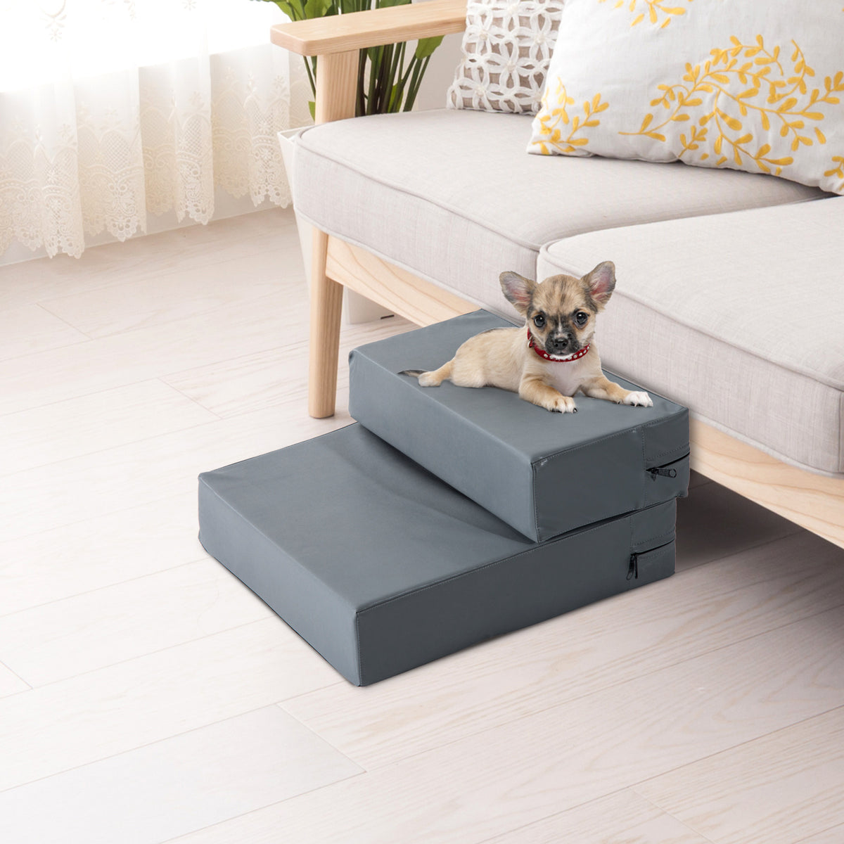 Escada para Animais de Estimação de 2 Degraus 2 em 1 Cama para Cães Gatos Estofada em PU Removível e Lavável com Zíper 45x39x20cm Cinza — foto 2