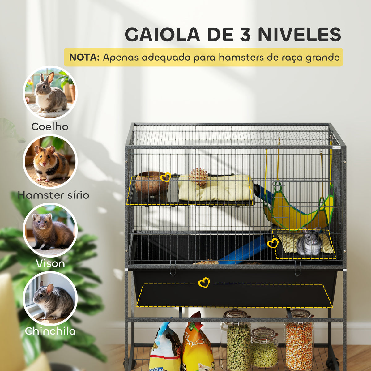 Gaiola para Animais Pequenos de 3 Níveis Gaiola para Coelhos com Rodas Rampas Rede e Bandeja Amovível Recinto para Roedores Chinchilas e Furões 88x48x102 cm Cinza Escuro — foto 4