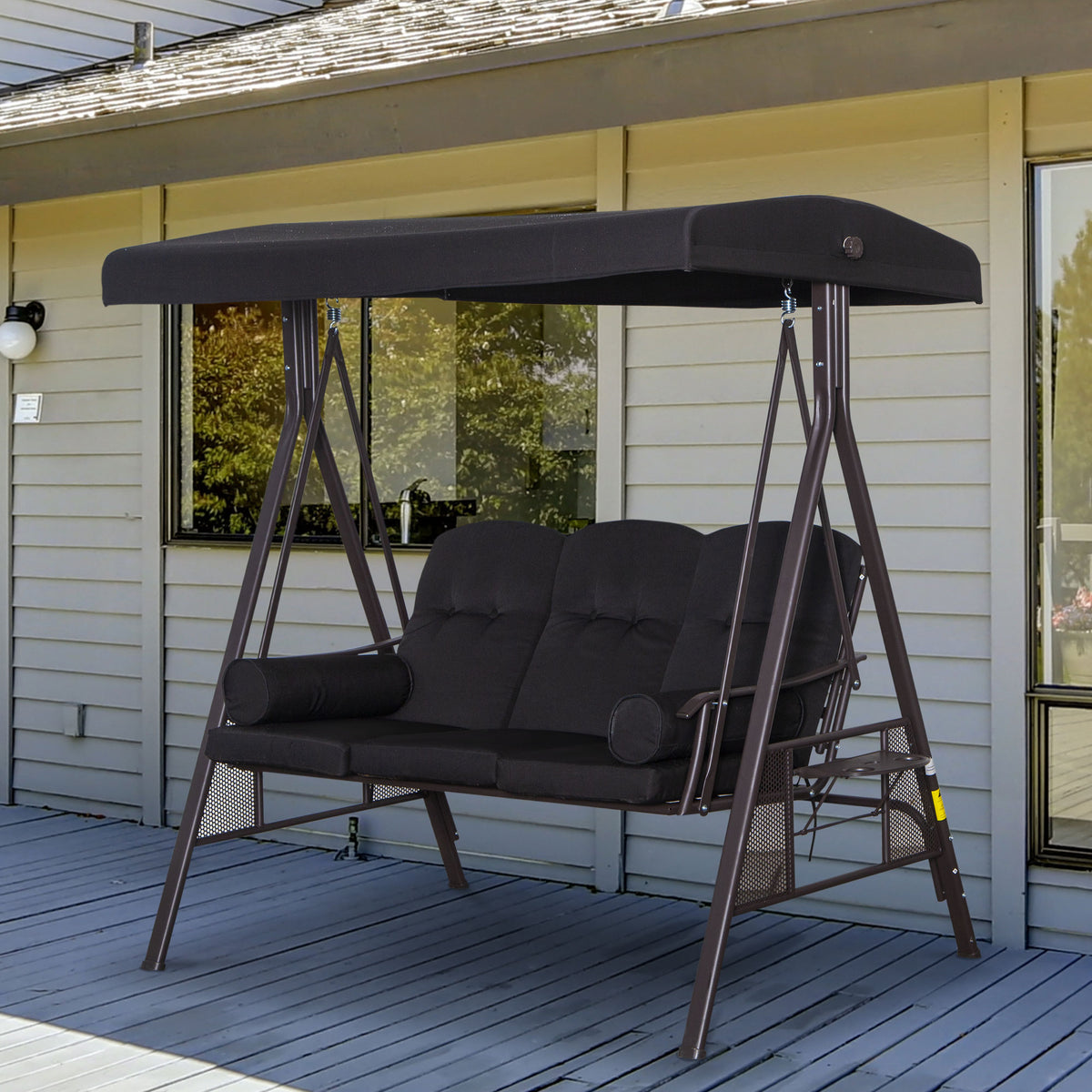 Banco Baloiço de Jardim de 3 Lugares com Teto 2 Almofadas Suporte para Bebidas e Estrutura de Metal para Terraço Balcão Exterior Carga Máxima 360kg 206x116x183 cm Preto — foto 2