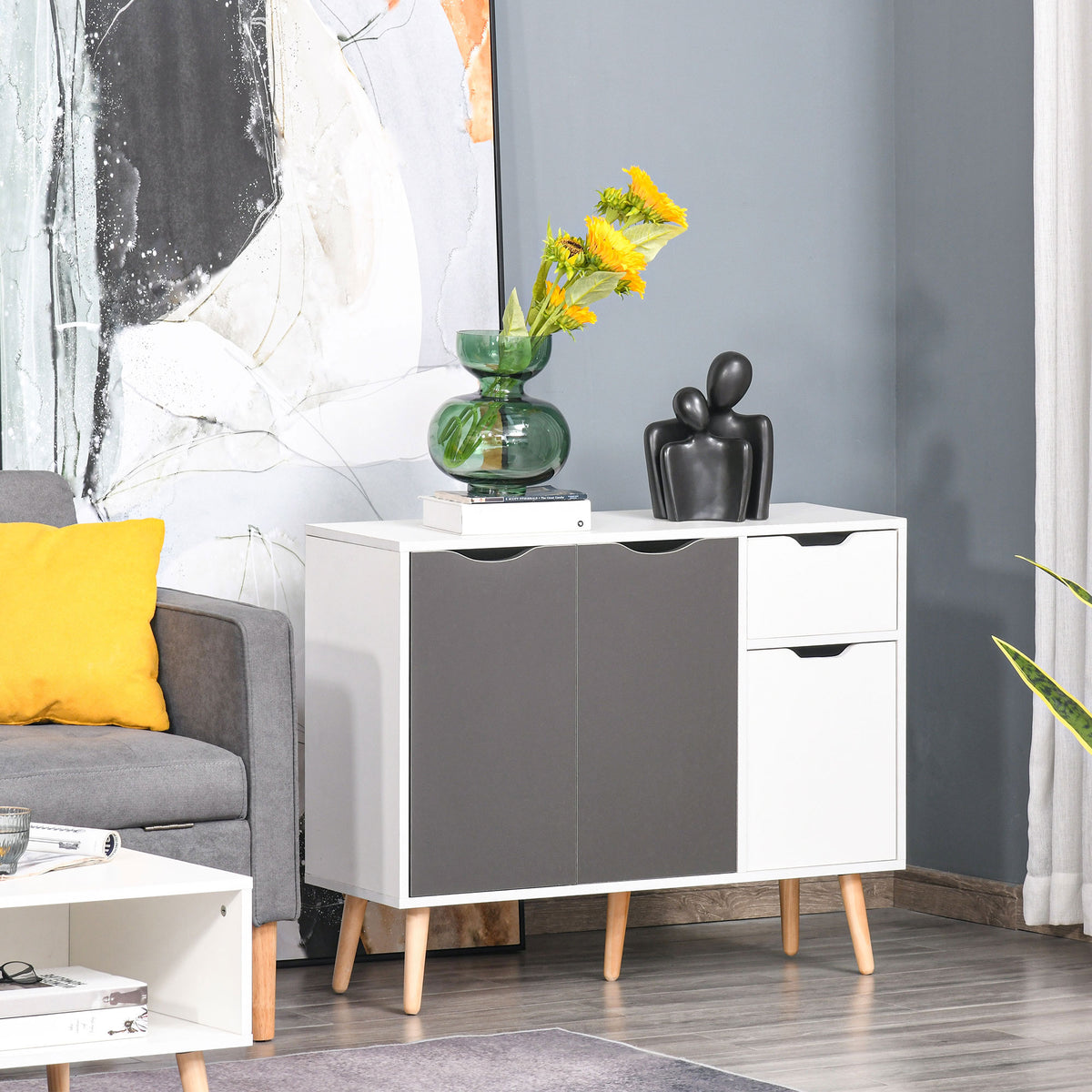Aparador Móvel Auxiliar de Armazenamento com 2 Armários de Porta Gaveta Pés de Madeira para Sala de Estar Cozinha Dormitório 90x30x72 cm Cinza e Branco — foto 2