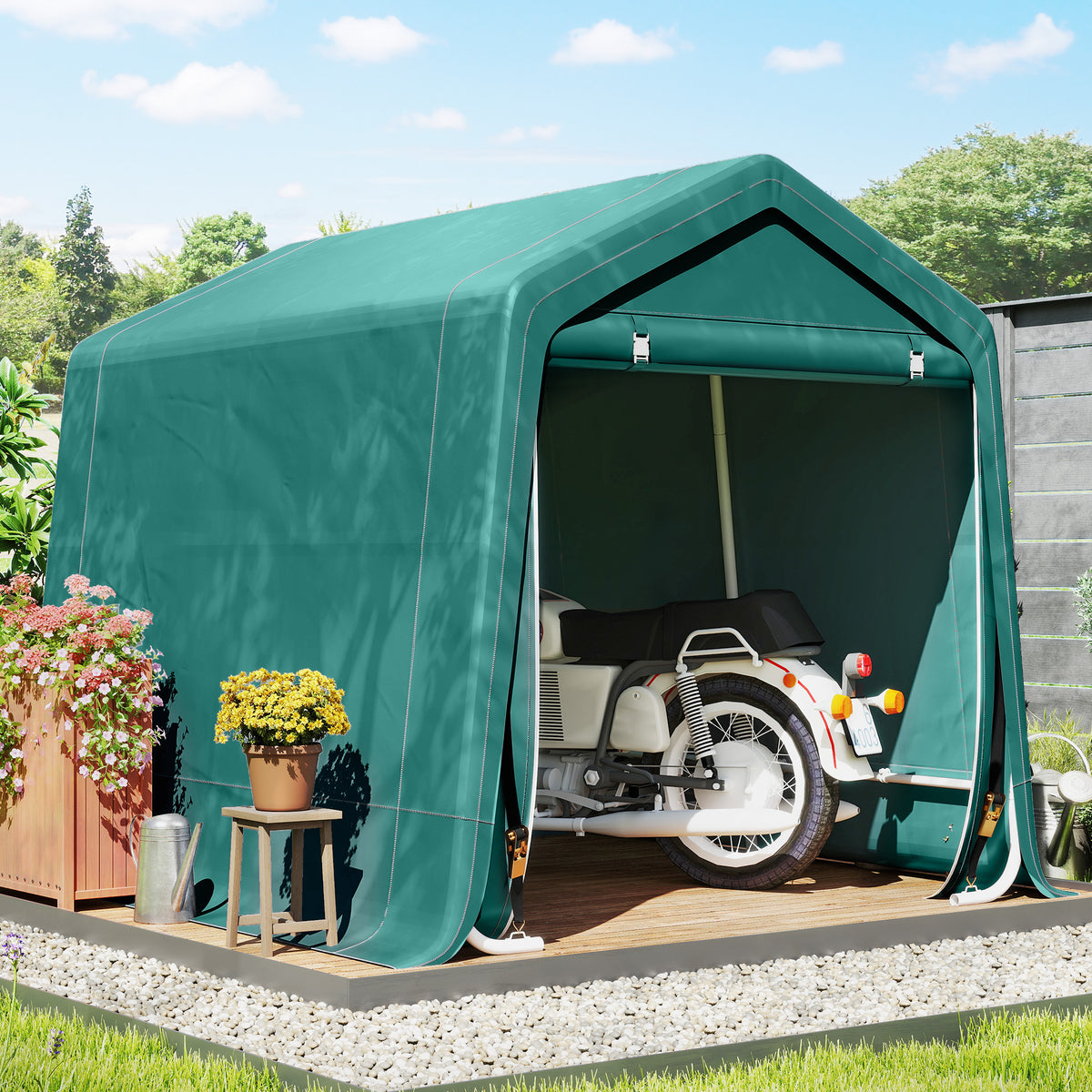 Abrigo de Jardim Exterior para Ferramentas, Bicicletas, 2,4x2x2 m, Cobertura Exterior com Estrutura de Metal, Porta Enrolável com Fecho, Impermeável, Anti-UV, Garagem Portátil, Verde — foto 2
