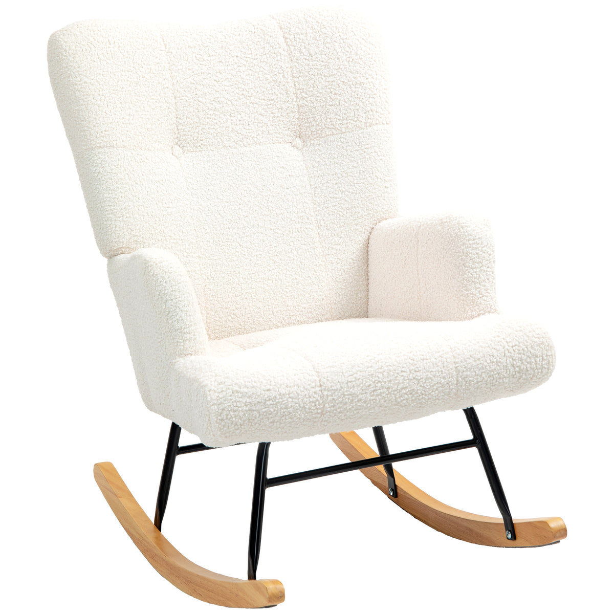 Poltrona Baloiço em Borrego Poltrona para Amamentação com Encosto Capitonê e Base de Madeira de Borracha Carga 120 kg Poltrona para Sala de Estar Dormitório 65x88x87 cm Creme — foto 1