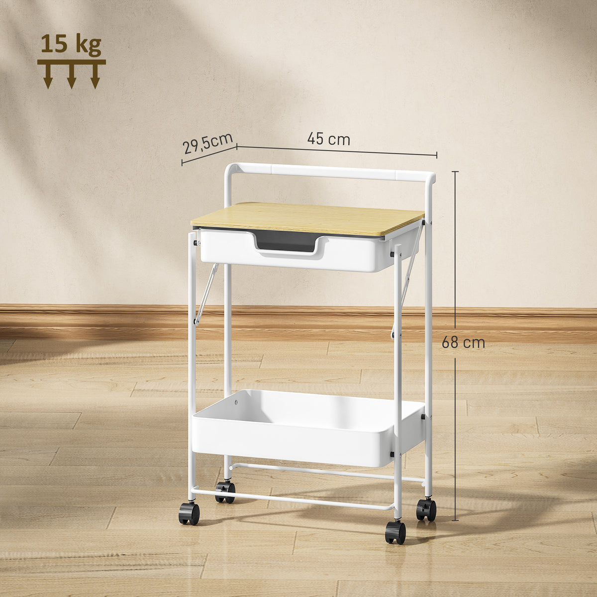Carrinho Auxiliar com Rodas de 2 Níveis Carrinho de Cozinha com 1 Gaveta e 1 Cesto Carrinho Organizador para Dormitorio Sala Escritório 45x29,5x68 cm Branco — foto 3