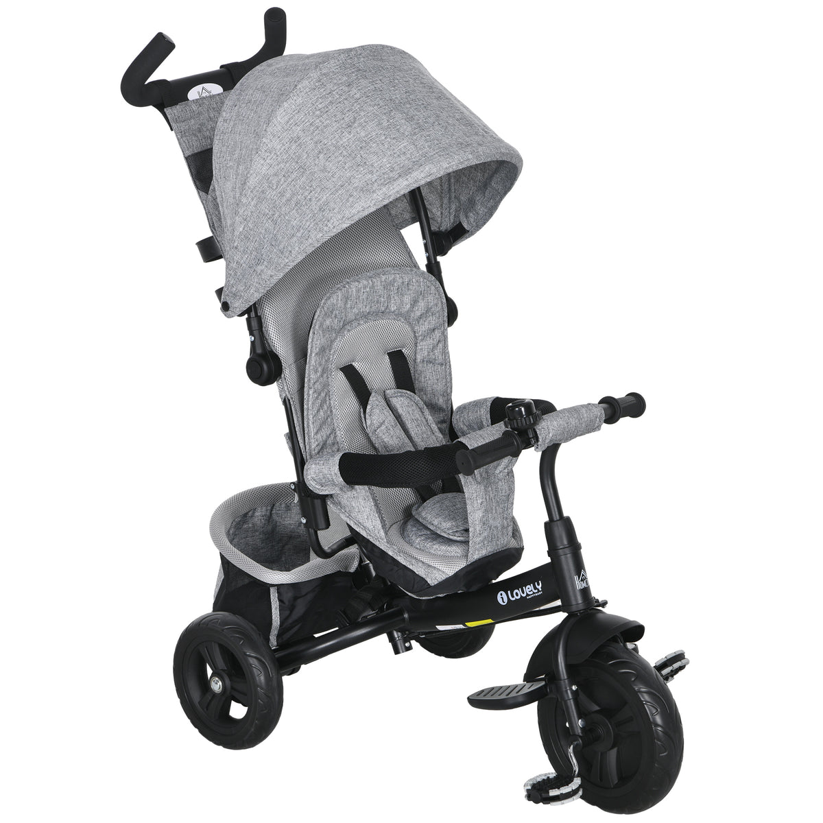 Triciclo para Bebés 2 em 1 Triciclo Evolutivo para Crianças de +12 Meses com Capota Dobrável Guiador Telescópico e Removível Bolsa e Porta-garrafas Cinza — foto 1
