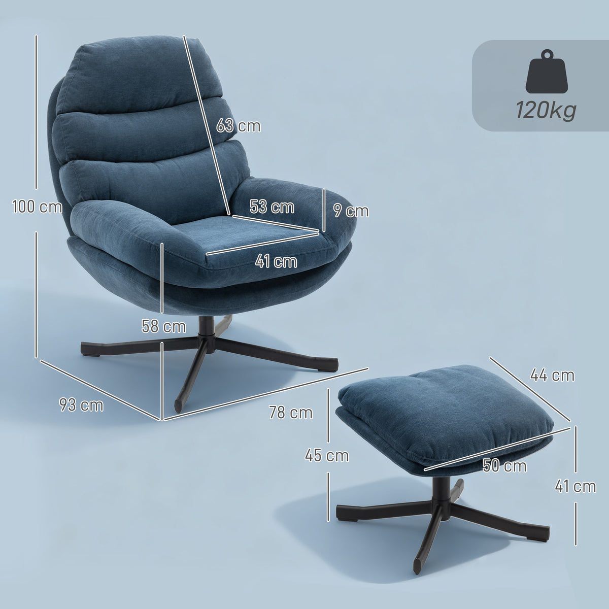 Poltrona Relax com Pufe Poltrona Lounge em tecido chenille Poltrona de TV moderna 78 x 93 x 100 cm Azul — foto 2