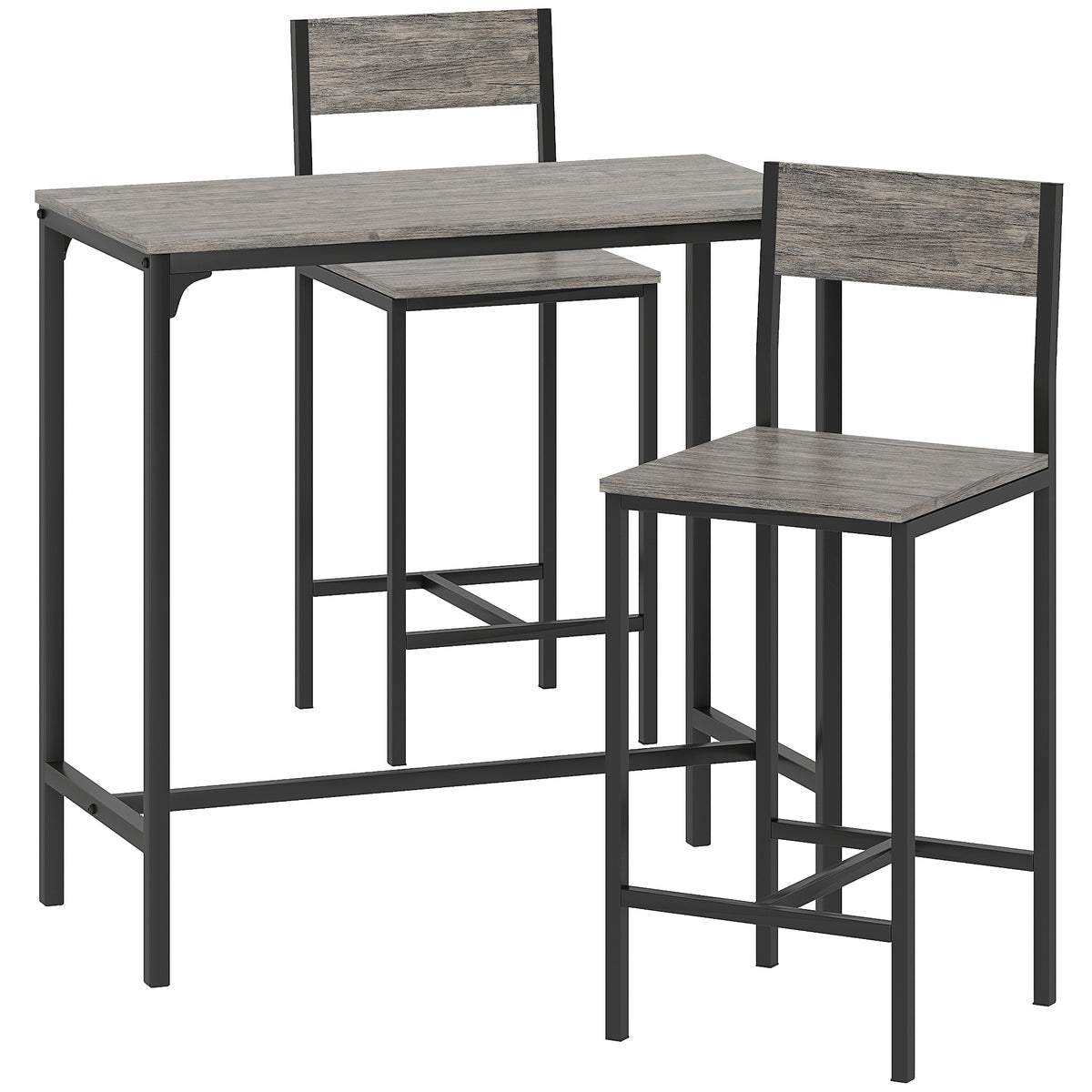 Conjunto Mesa de Bar com Bancos Mesa Alta com 2 Bancos de Bar Apoio para os Pés e Encostos Cinza — foto 1
