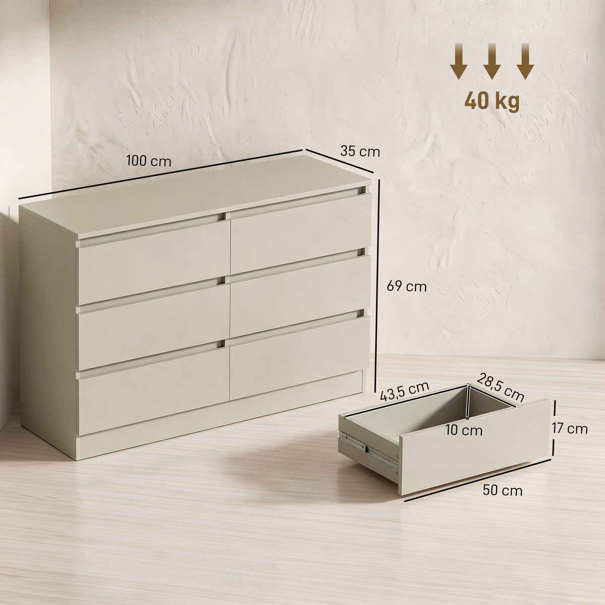 Cómoda com 6 Gavetas, Design Moderno de Coluna Dupla, para Quarto e Sala, 100 x 35 x 69 cm, Castanho Claro — foto 2