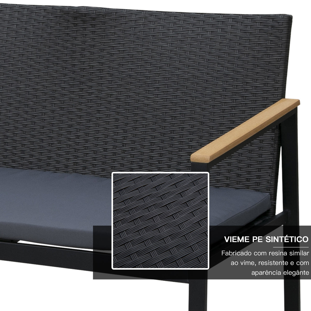 Conjunto de Móveis de Vime e 4 Peças com Almofadas Acolchoadas 2 Poltronas 1 Sofá Duplo e Mesa de Centro com Vidro Temperado para Jardim Varanda Preto — foto 5