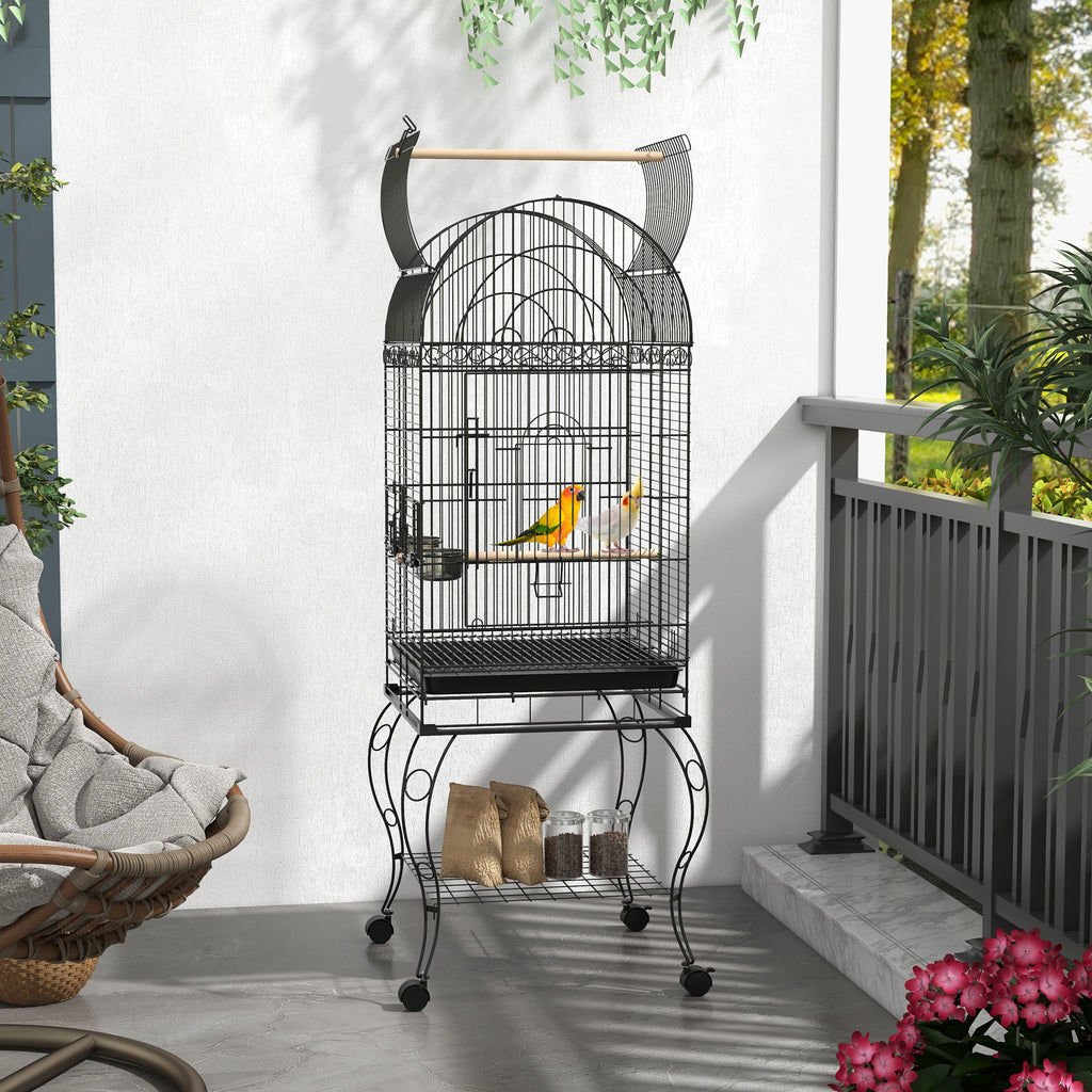 Gaiola para Pássaros com Rodas Gaiola para Pássaros com Bandeja Amovível Prateleira e 2 Comedouros de Aço Inoxidável e Poleiro para Periquitos Canários 51x51x153 cm Preto — foto 2