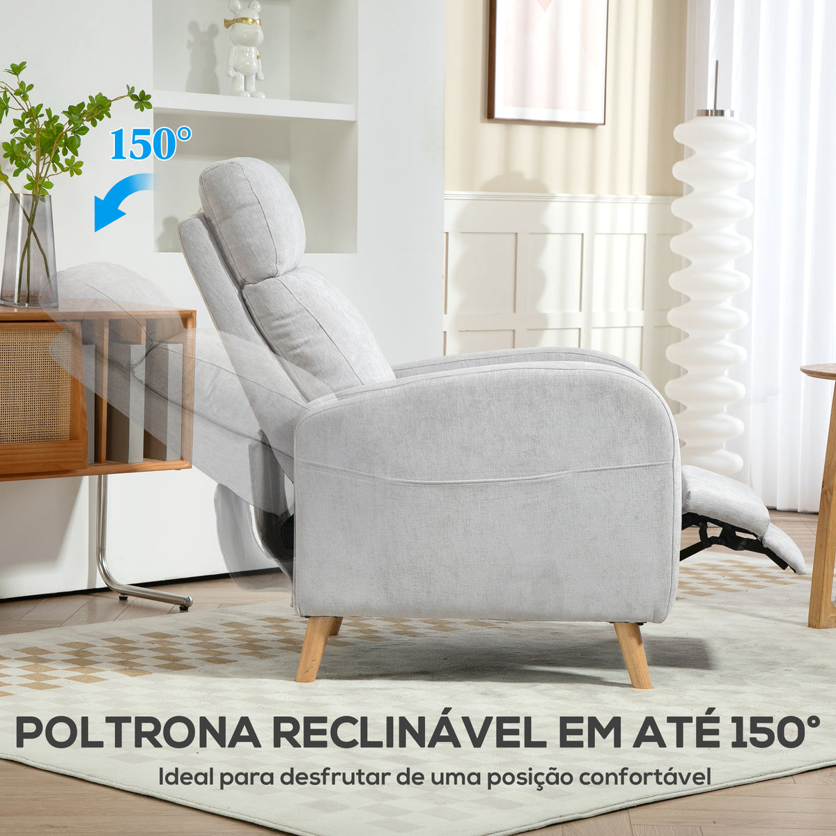 Poltrona Relax Reclinável Manual Poltrona Relax Estofada em Linho Sintético com Apoio para os Pés e Bolso Lateral Poltrona Reclinável para Dormitório Escritório Carga 120 kg 68x90x106 cm Cinza Claro — foto 4