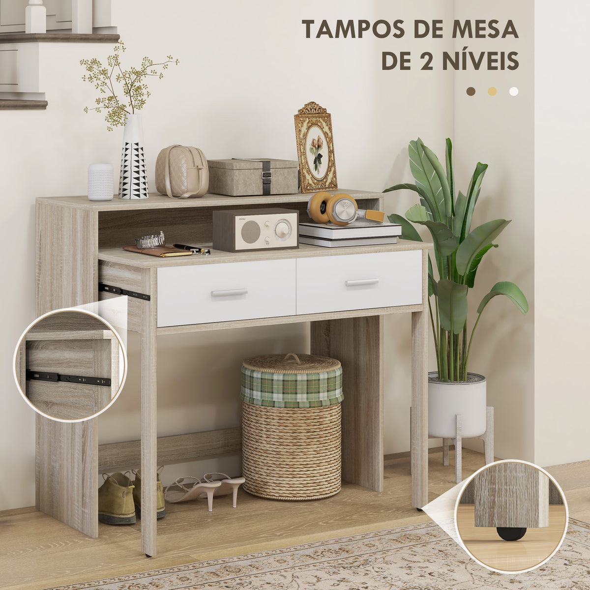 Mesa Consola Moderna de Entrada de 2 Níveis com Trilhos Deslizantes 2 Gavetas 2 Rodas Anti-Tombo Móvel de Entrada para Sala de Estar Corredor 95x35x87 cm Madeira e Branco — foto 4