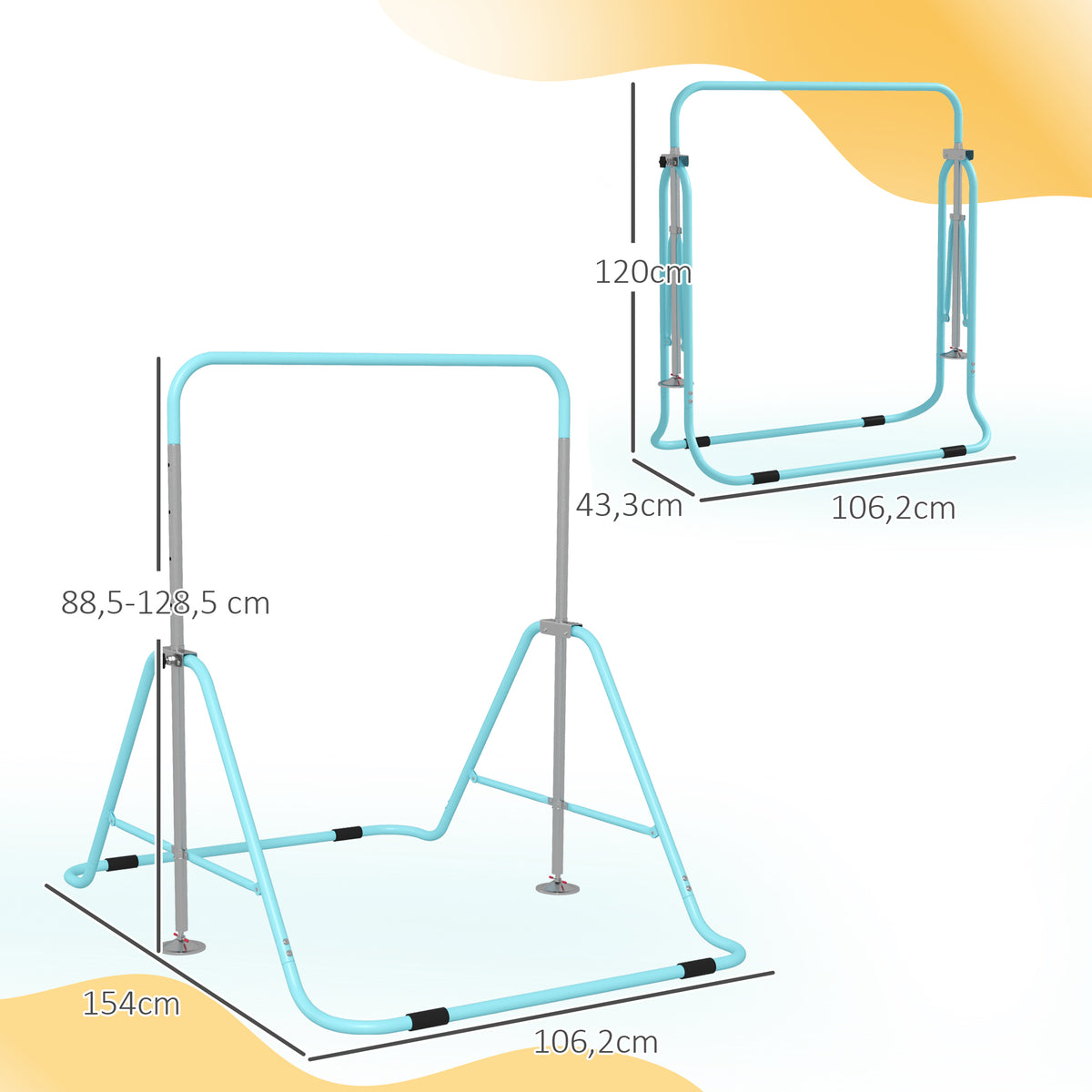 Barra de Ginástica Artística Barra Horizontal Dobrável com Altura Ajustável Equipamento de Ginástica para Treino em Casa para Crianças 154x106,2x88,5-128,5 cm Azul Celeste — foto 3