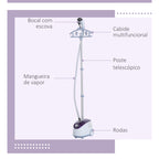 Ferro de Engomar a Vapor com Depósito de 1,8L e Temperatura Ajustável em 11 Níveis Ferro de Engomar a Vapor Vertical 21,5x30x150 cm Branco e Roxo — foto 5