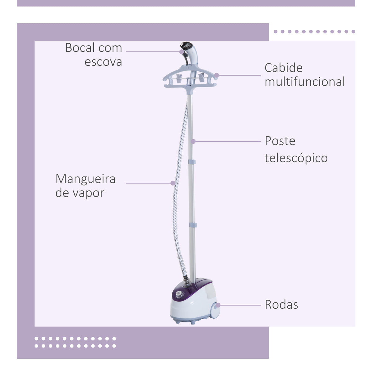 Ferro de Engomar a Vapor com Depósito de 1,8L e Temperatura Ajustável em 11 Níveis Ferro de Engomar a Vapor Vertical 21,5x30x150 cm Branco e Roxo — foto 5