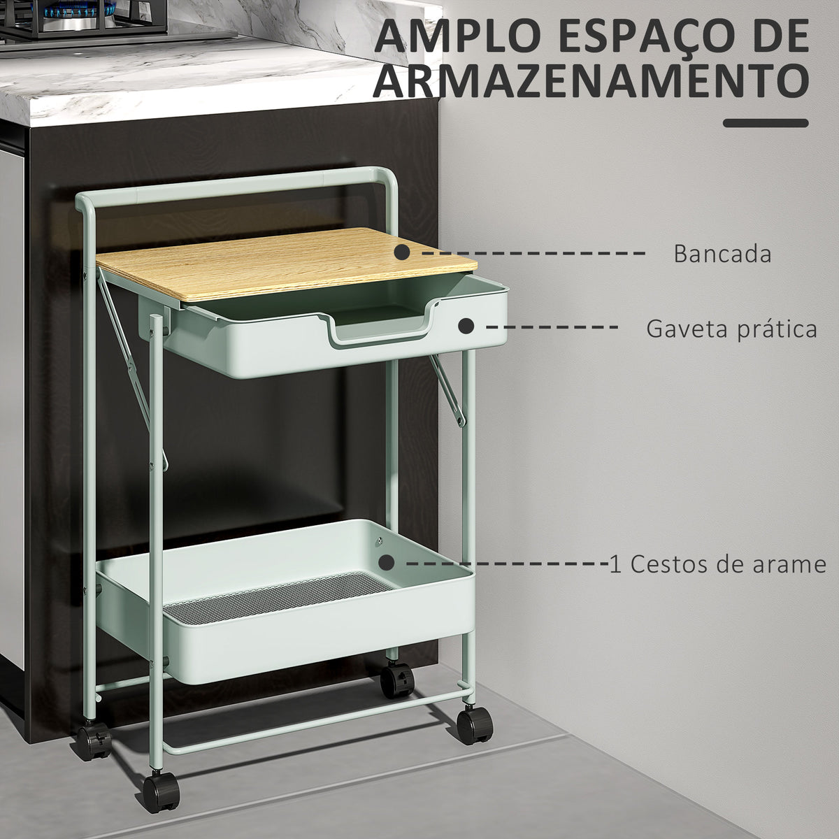 Carrinho Auxiliar com Rodas de 2 Níveis Carrinho de Cozinha com 1 Gaveta e 1 Cesto Carrinho Organizador para Dormitorio Sala Escritório 45x29,5x68 cm Verde Claro — foto 4