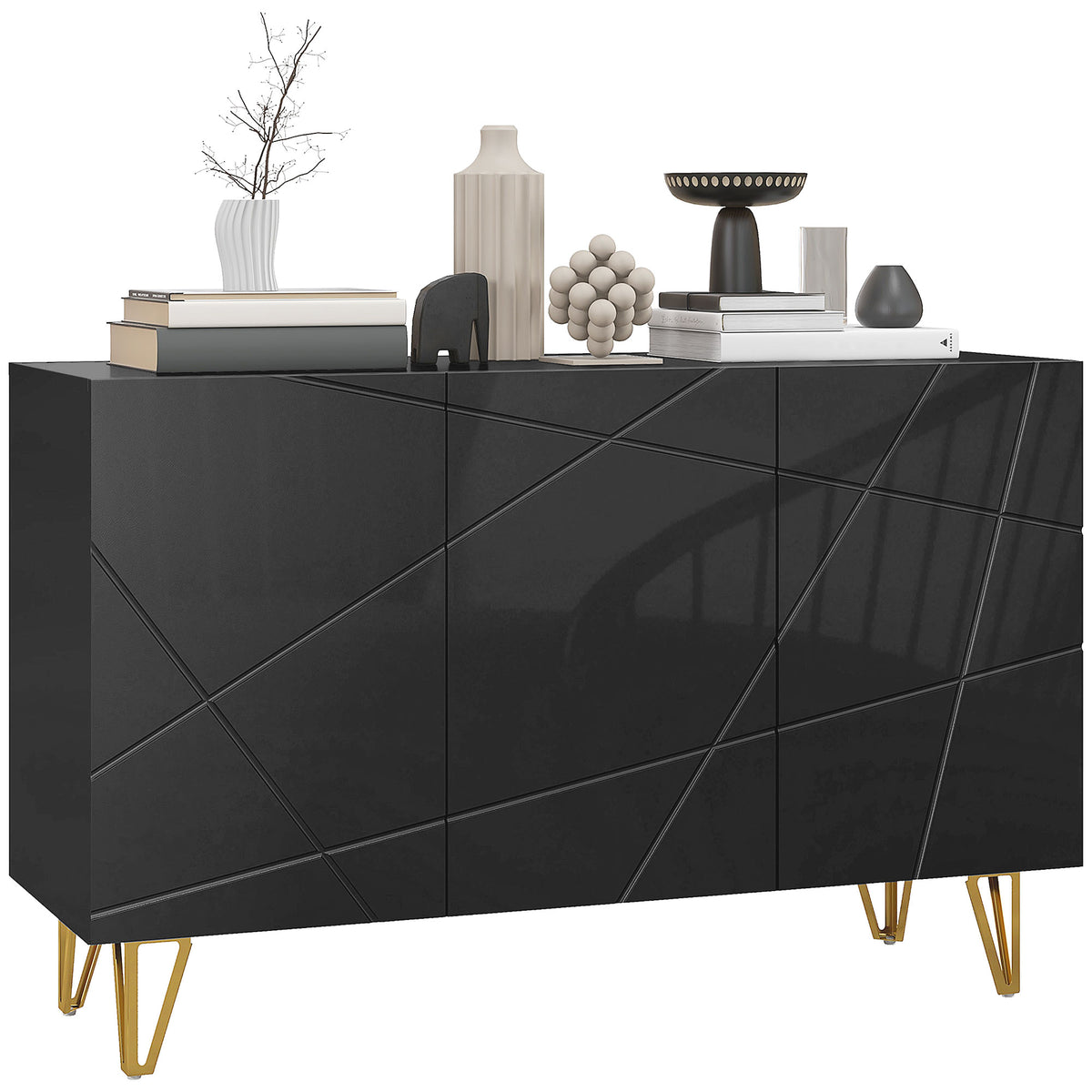 Aparador para Sala Aparador de Entrada com 3 Portas e Prateleiras Ajustáveis Armário de Armazenamento para Cozinha Sala 120x40x75 cm Preto Brilhante — foto 1