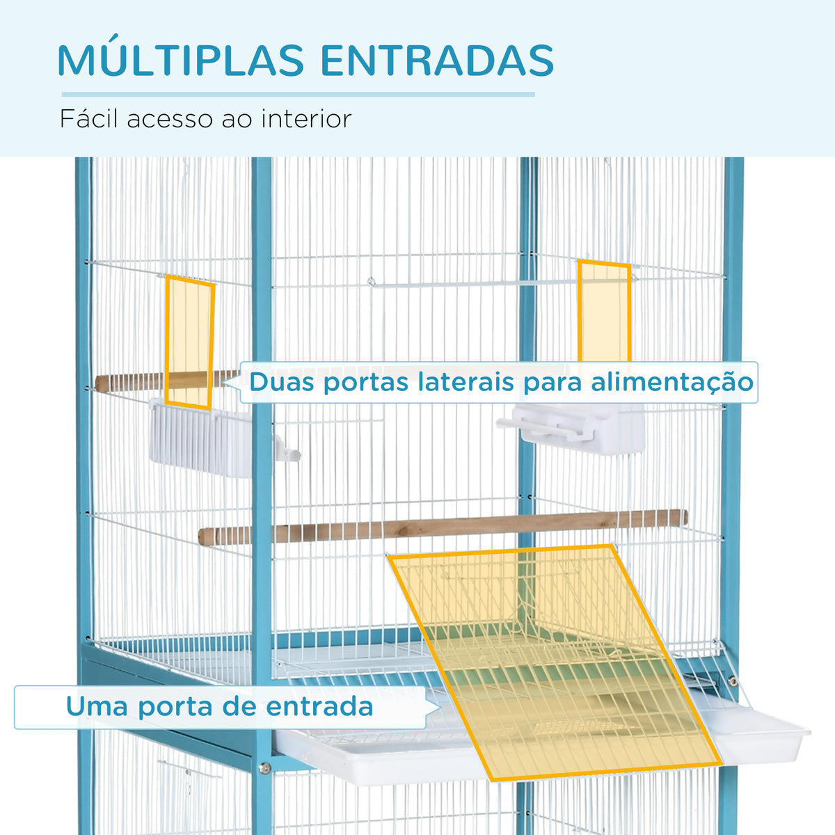 Gaiola para Pássaros com Rodas Gaiola Grande de 2 Níveis com Bandejas Removíveis Portas Comedouros Poleiros para Canários Periquitos 51,5x50x140 cm Azul e Branco — foto 5