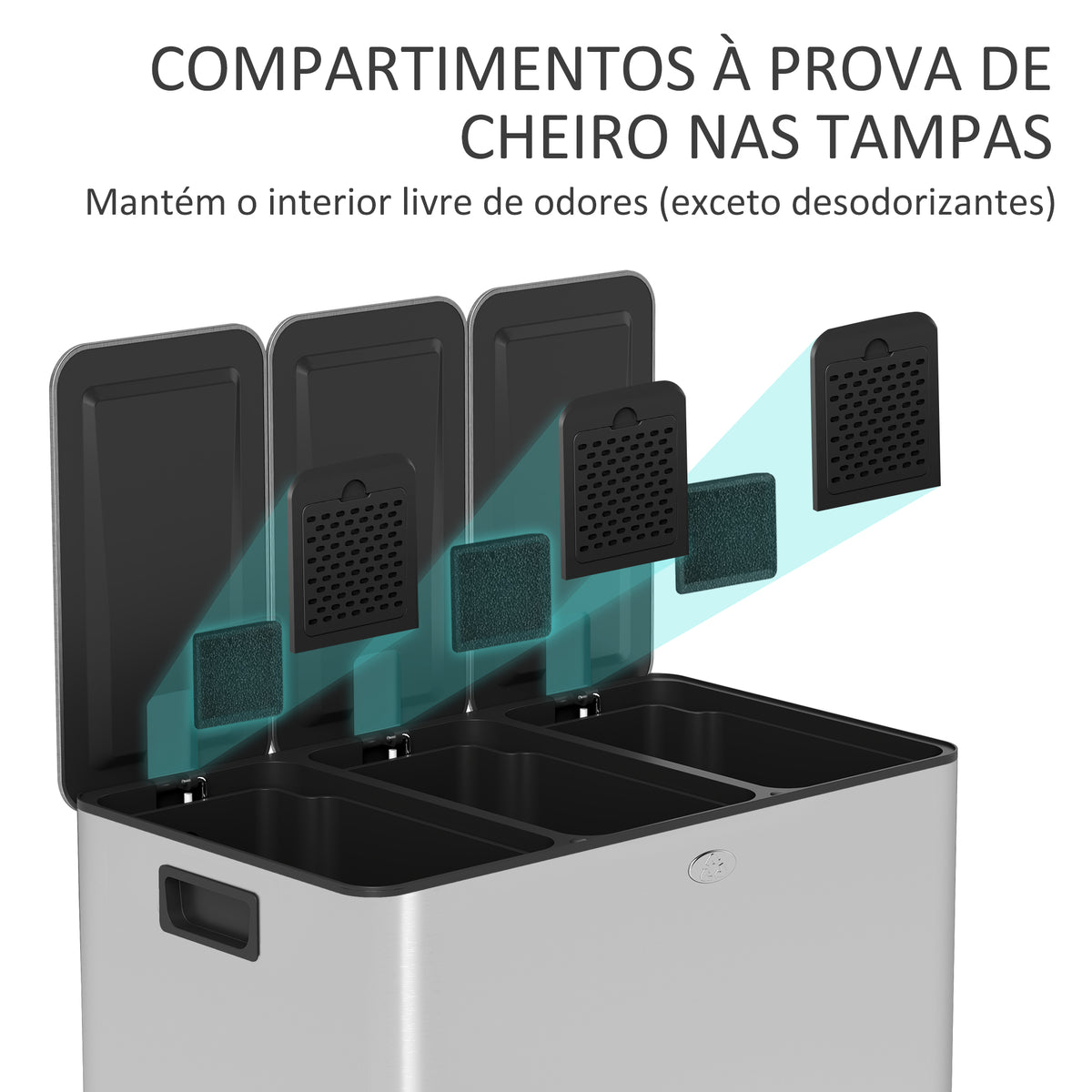 Balde de Lixo de Cozinha com 3 Compartimentos 3x10L Cubo de Lixo de Aço Inoxidável com Pedais Tampas com Fechamento Suave e Cubo Amovível para Escritório Cozinha 49,6x34,5x38,6 cm Prata — foto 5
