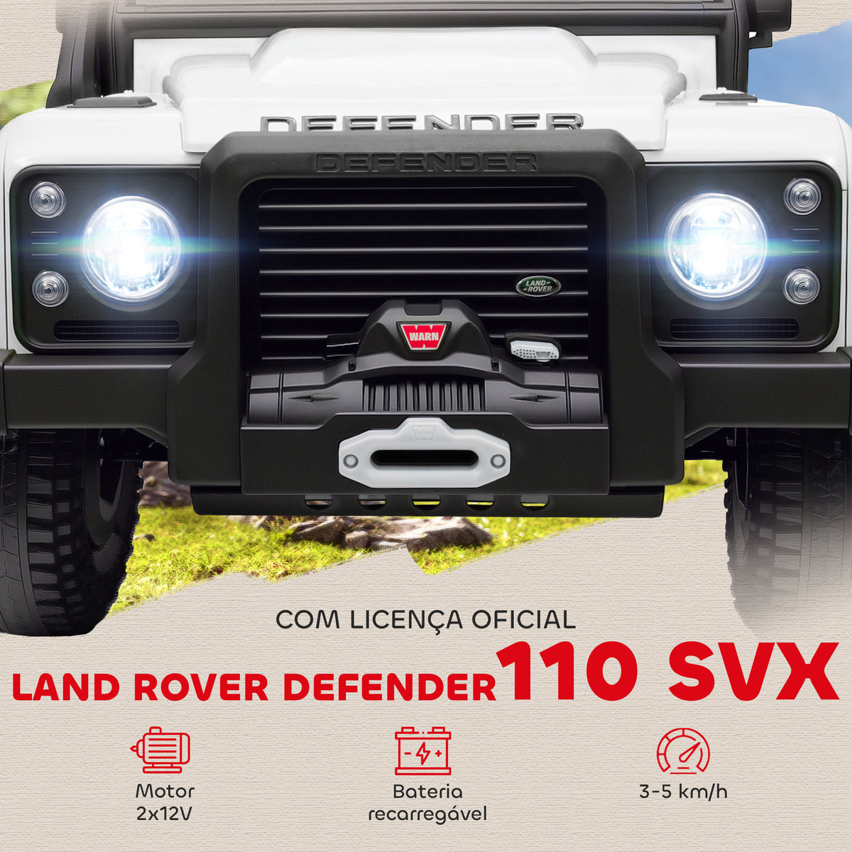 Carro Elétrico para Crianças com Licença Land Rover 12V Carro a Bateria Infantil com Controlo Remoto Sistema de Suspensão USB MP3 Velocidade Ajustável Faróis 115x61x61 cm Branco — foto 4