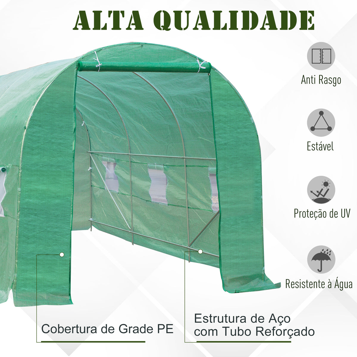 Estufa Túnel 445x190x200 cm Estufa de Jardim com 6 Janelas 1 Porta e Cobertura de Polietileno PE 140 g/m² para Cultivo de Plantas Legumes Frutas no Terraço Pátio Verde — foto 4