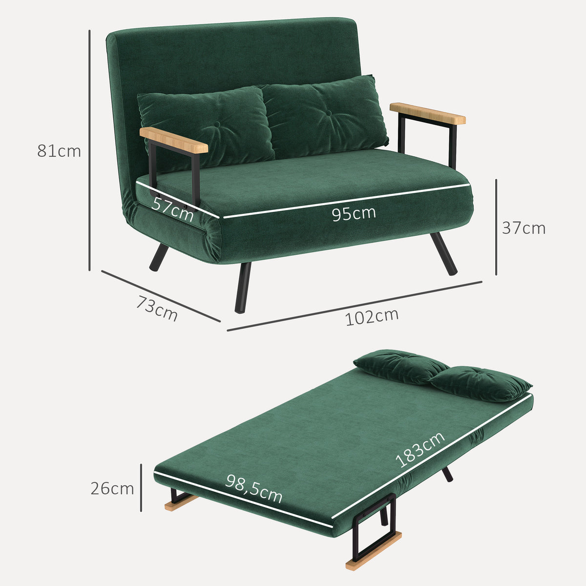 Sofá Cama Sofá Convertível em Cama de 2 Lugares Dobrável com Encosto Ajustável em 5 Níveis e 2 Almofadas Acolchoadas para Escritório Dormitório Sala de Estar 102x73x81 cm Verde — foto 3