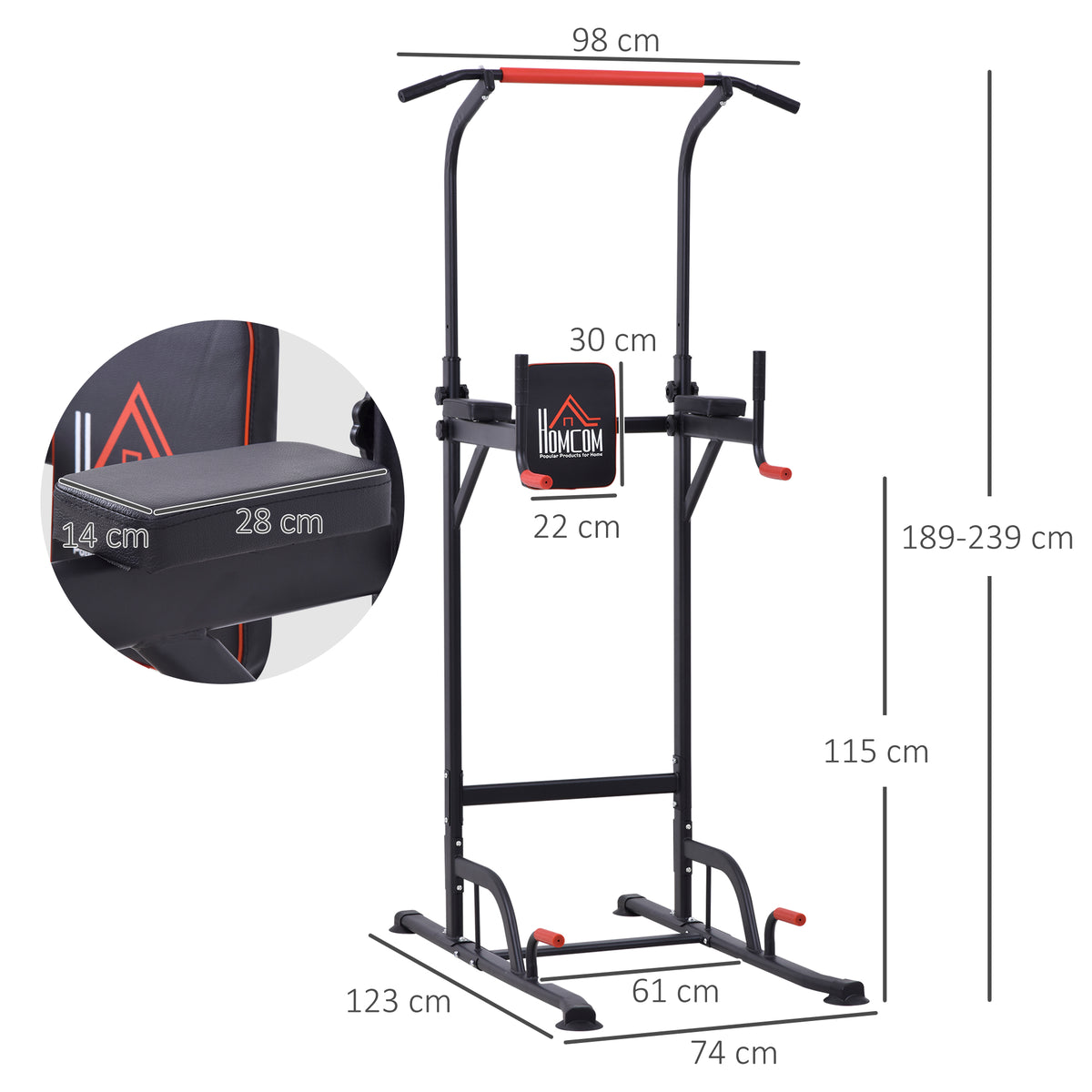 Torre de Exercícios Estação Multifuncional Altura Ajustável com 7 Orifícios para Treinamento Fitness para Casa Academia Escritório Carga Máxima 120kg 123x98x189-239cm Preto e Vermelho — foto 3