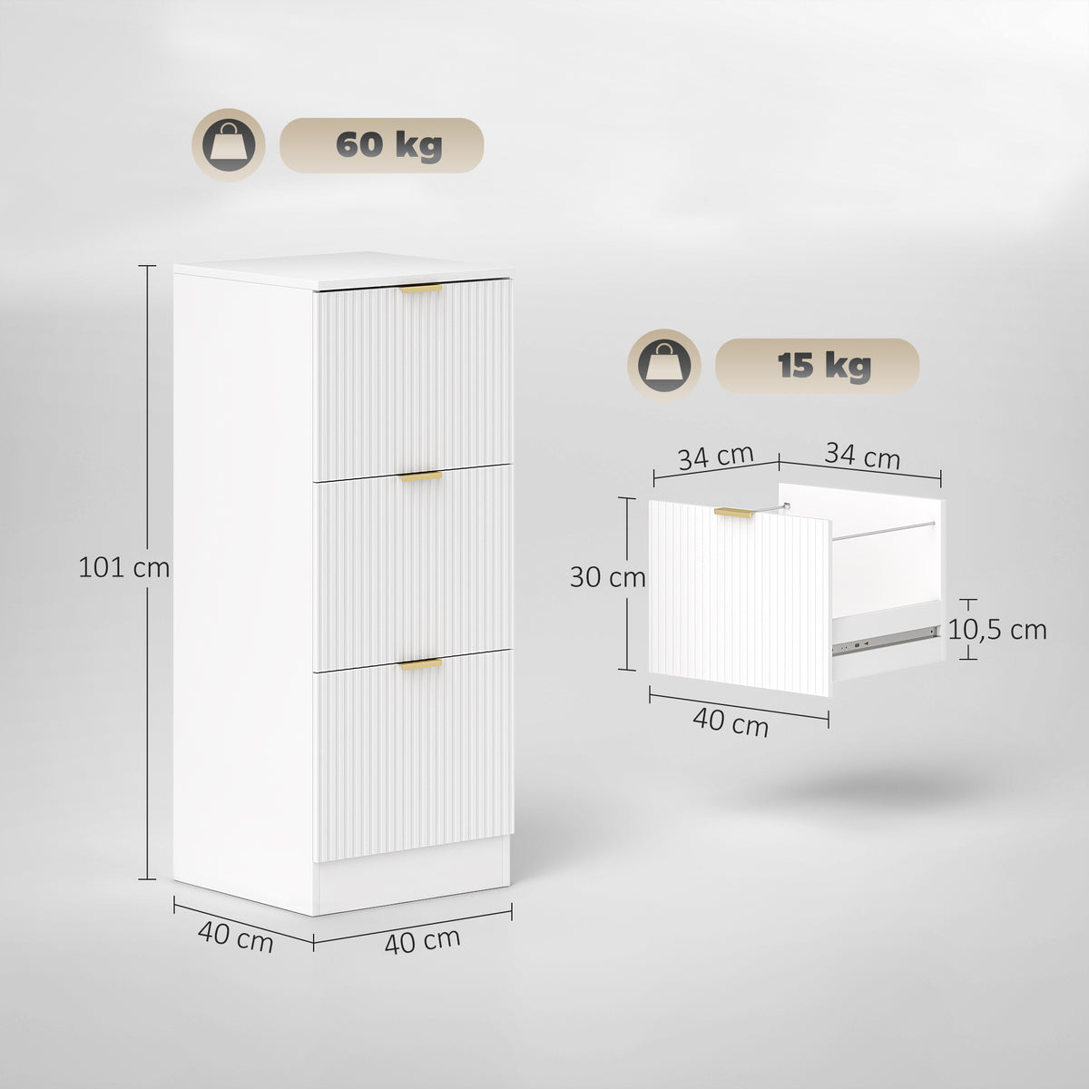 Bloco de Gavetas de Escritório com 3 Gavetas Bloco de Gavetas para Secretária com Frentes Caneladas Móvel para Arquivo para Tamanho A4 ou Carta para Escritório 40x40x101 cm Branco — foto 3