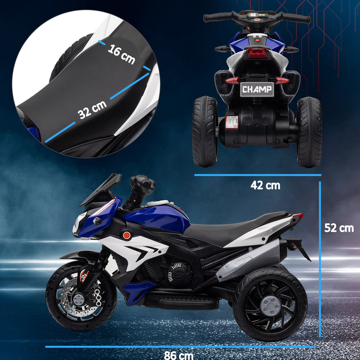 Motocicleta Elétrica Infantil com 3 Rodas Triciclo para Crianças acima de 3 anos com Bateria 6V Recarregável Funções de Música Buzina Faróis 86x42x52 cm Azul — foto 3