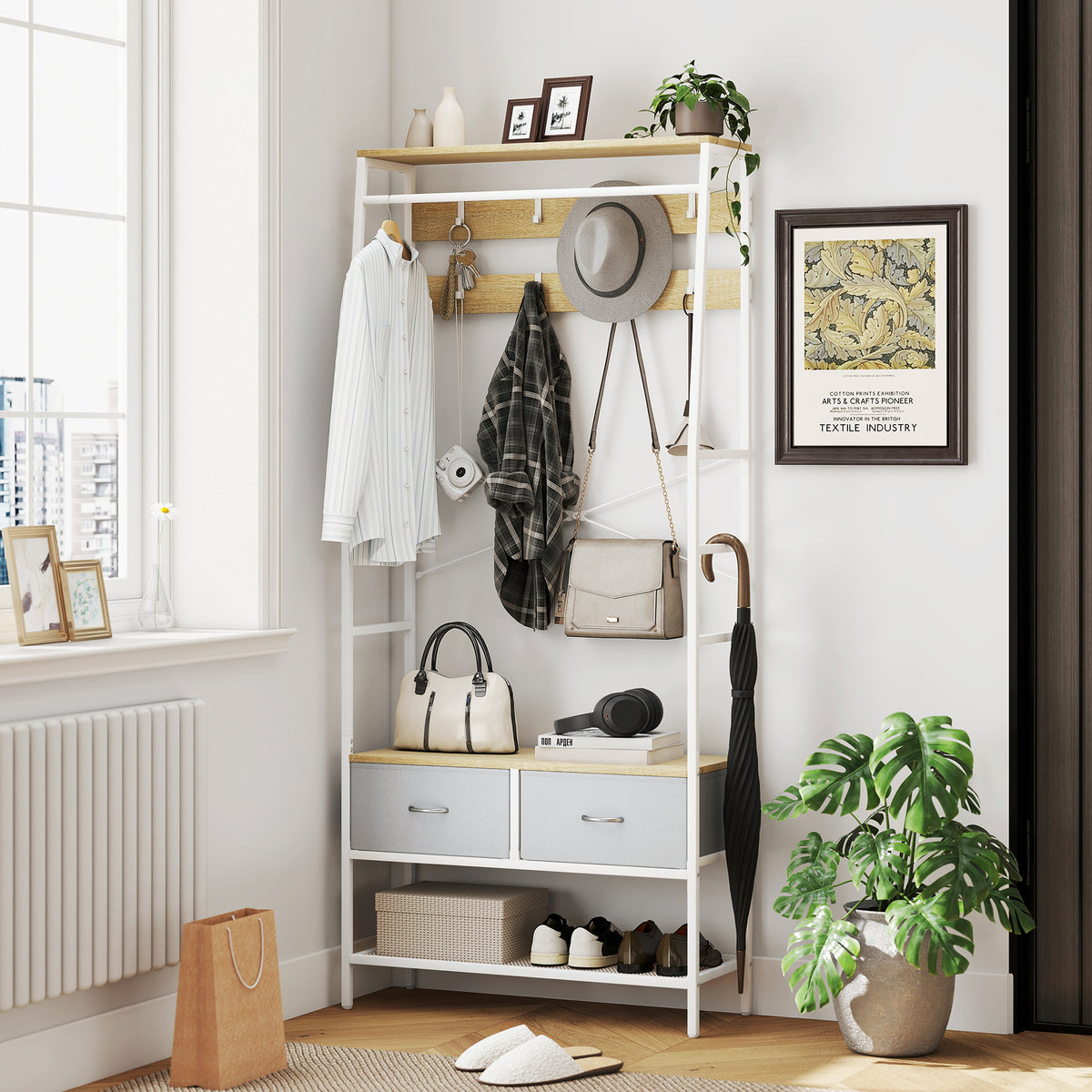 Móvel Cabide de Entrada com Banco Sapateira 8 Ganchos 2 Gavetas de Tecido Barra Prateleira de Rede Estilo Industrial para Corredor Quarto Sala de Estar 80x30x180,5 cm Branco e Madeira — foto 2