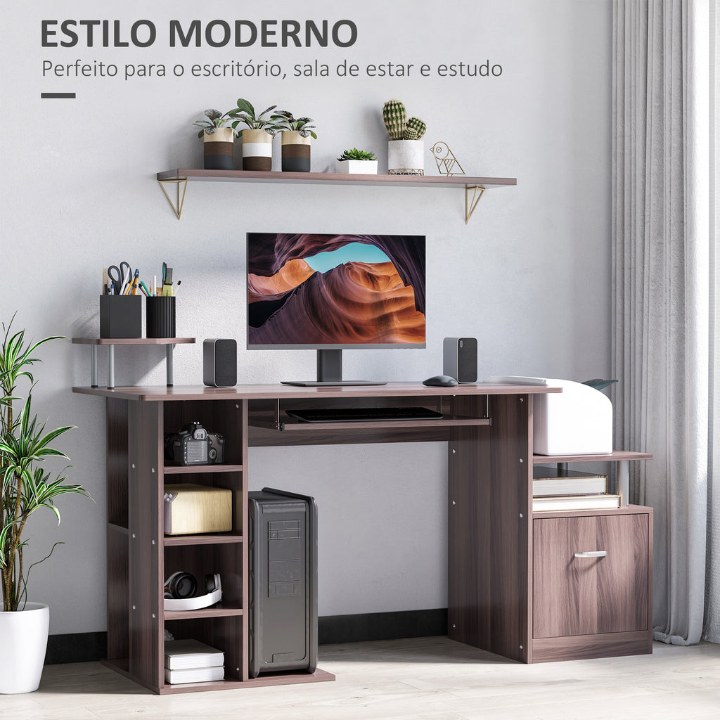 Mesa para Computador 120cm Secretária para Escritório com Múltiplas Prateleiras Gavetas Bandeja de Teclado Suporte para Monitor Impressora e CPU 152x60x88cm Marrom — foto 6