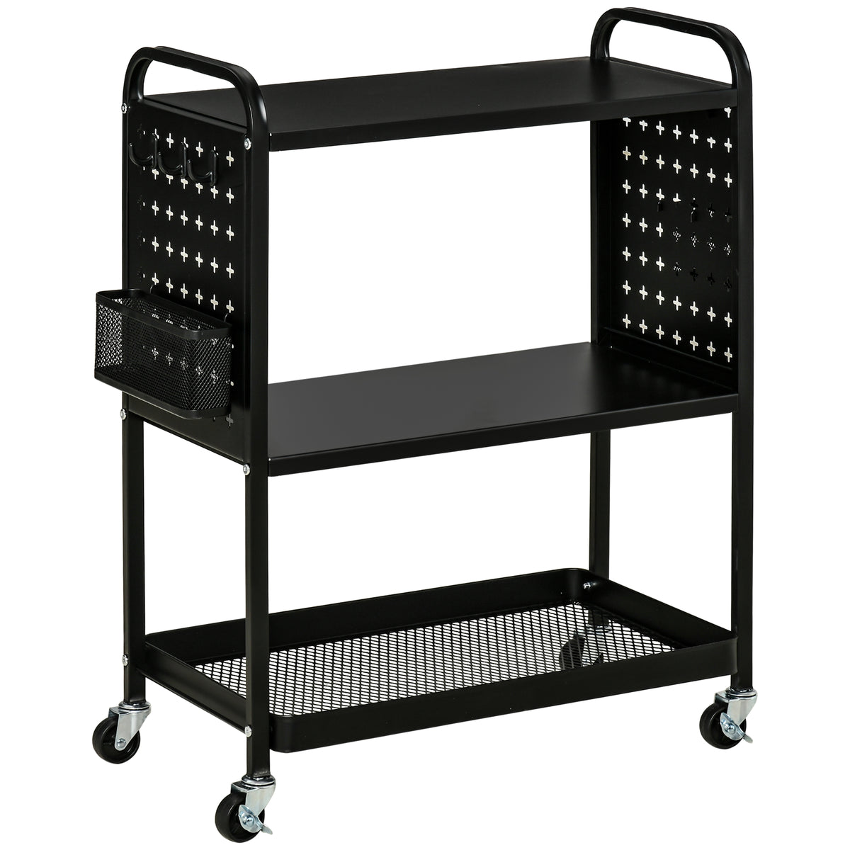 Carrinho de Cozinha com Rodas Carrinho de Armazenamento de 3 Níveis com 5 Ganchos 2 Cestas Alça de Transporte e Rodas com Freio para Casa de Banho Escritório Dormitório 70x33,4x80,5cm Preto — foto 1