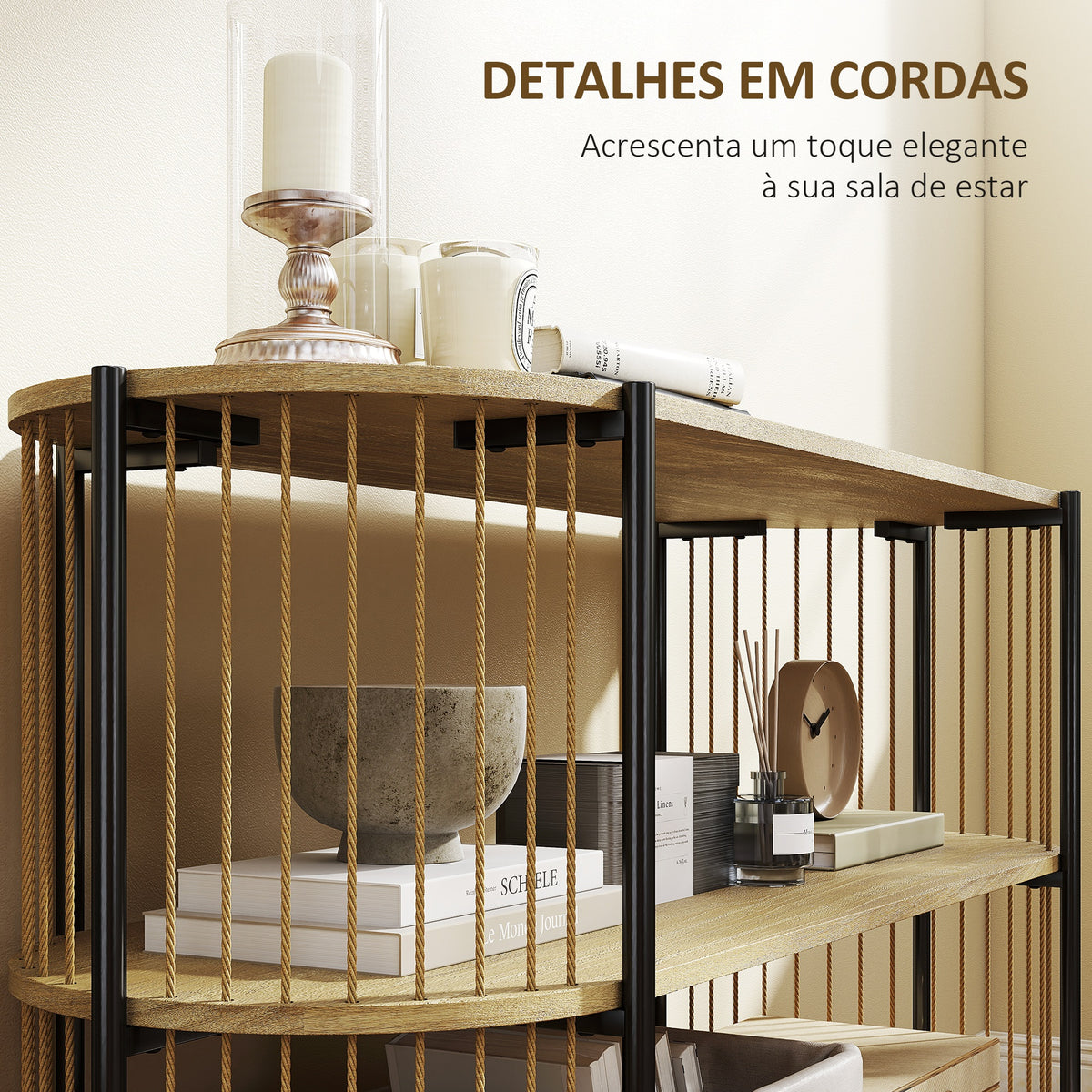 Mesa Consola com Corda de Papel Trançada à Mão Consola de Entrada de 3 Níveis com Estrutura de Aço Estilo Boémio para Entrada Sala de Estar 124x43,5x80 cm Madeira — foto 4