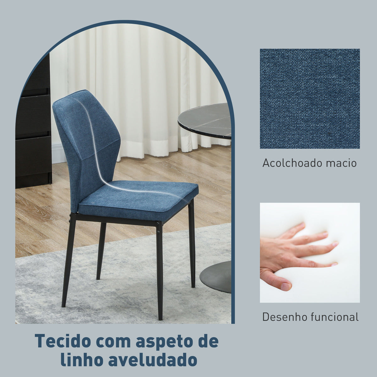 Conjunto de 2 Cadeiras de Jantar Modernas Cadeiras de Cozinha com Assento Acolchoado e Estofado Encosto Curvo Pés de Aço para Sala Quarto 45x57x86 cm Azul Escuro — foto 5