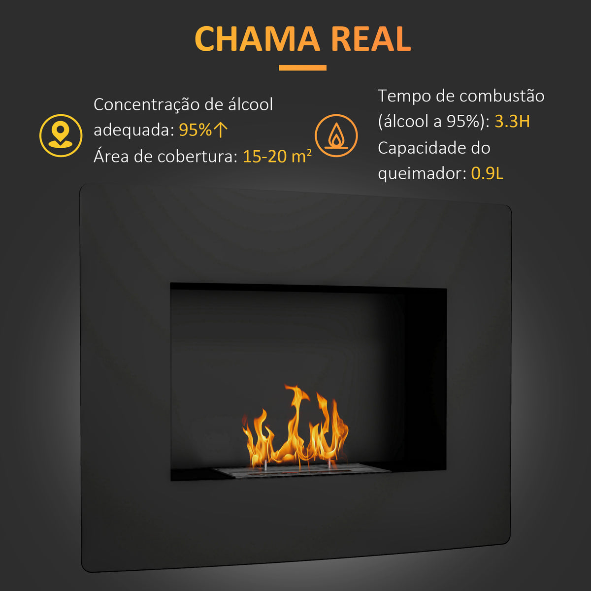 Lareira de Bioetanol de Parede Lareira de Bioetanol com Depósito de 0,9L Apagador de Chamas de Aço Inoxidável Tempo de Combustão 3,3H para Interiores 15-20 m² 66x16x52 cm Preto — foto 4