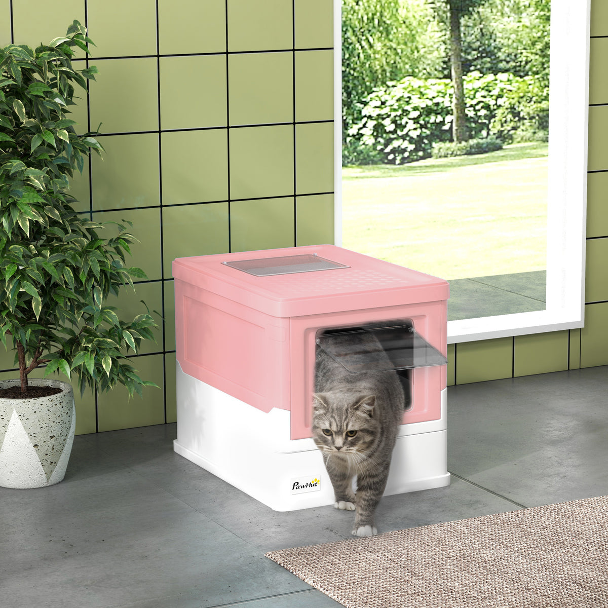 Caixa de Areia para Gatos Dobrável Caixa de Areia para Gatos Fechada com Cobertura Desmontável Bandeja Removível Teto Rebatível Porta de Entrada e Pá 47,5x35,5x36,7cm Rosa — foto 2