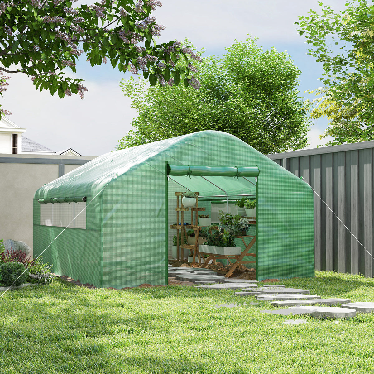Estufa tipo Túnel 4x3x2 m Estufa de Exterior com 2 Janelas Cobertura PE Anti UV e 1 Porta de Enrolar com Fecho de Correr Estufa para Jardim Pátio Verde — foto 2
