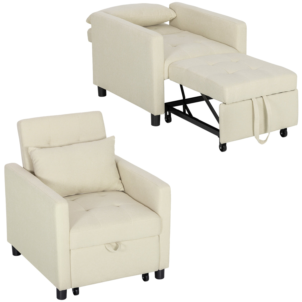 Sofá Cama Individual Poltrona com 4 Rodas Encosto Reclinável Almofada Extra e Assento Acolchoado Carga 100 kg para Escritório Dormitório Sala de Estar 69x82,5x84 cm Bege — foto 1