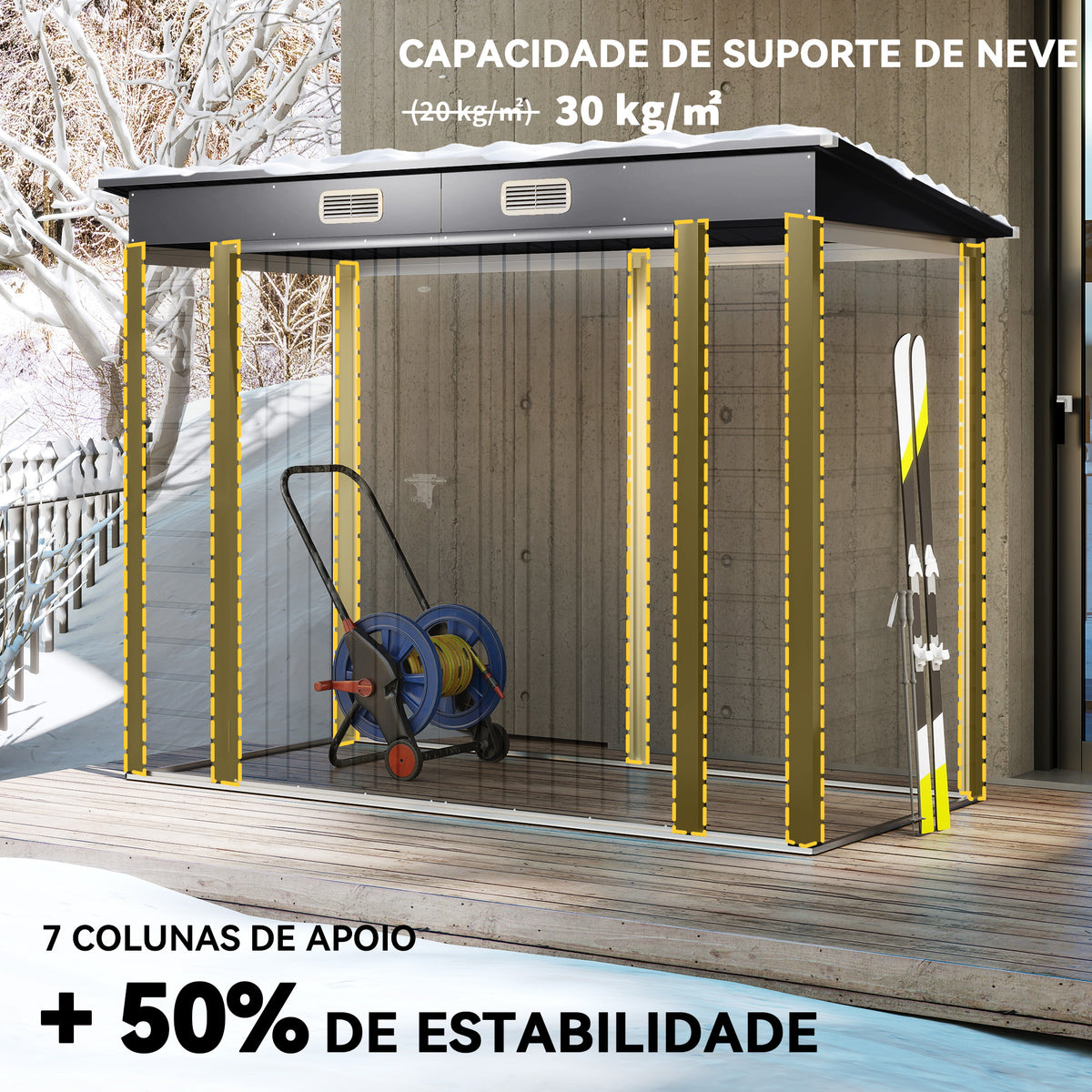 Abrigo de Jardim 2,7m² 249x121x183 cm Abrigo de Exterior com Porta Dupla 2 Ventilaç4oes e Trava Abrigo para Pátio Cinza — foto 5