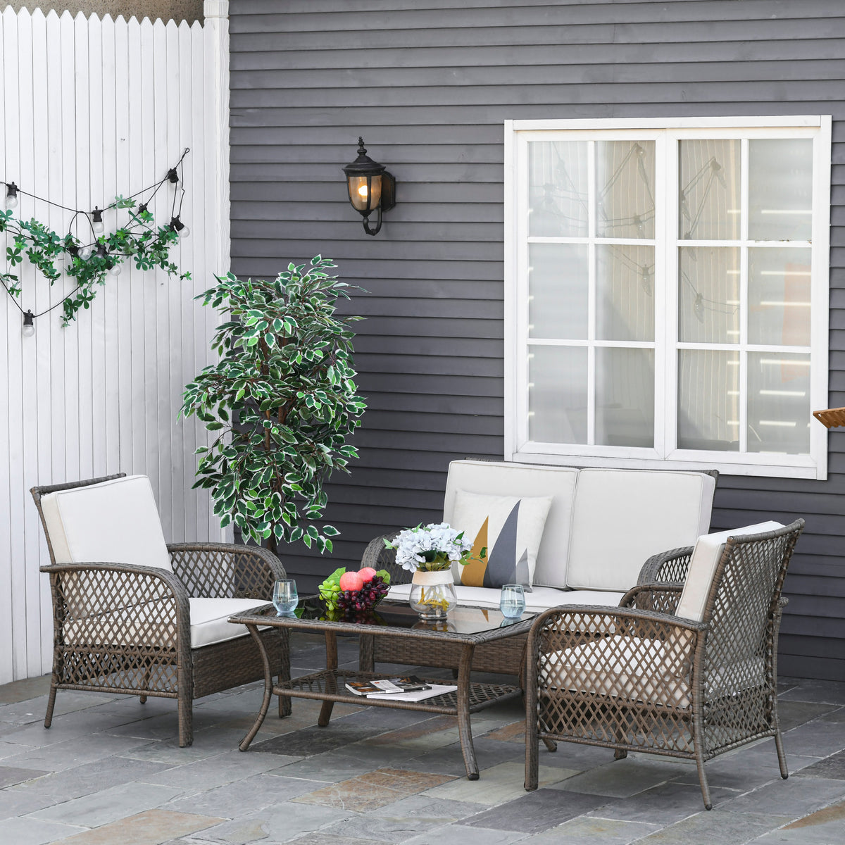 Conjunto de 4 móveis de jardim de vime PE Poltrona, sofá duplo e mesa de centro com almofadas laváveis ​​para terraço ao ar livre, marrom e cáqui — foto 2