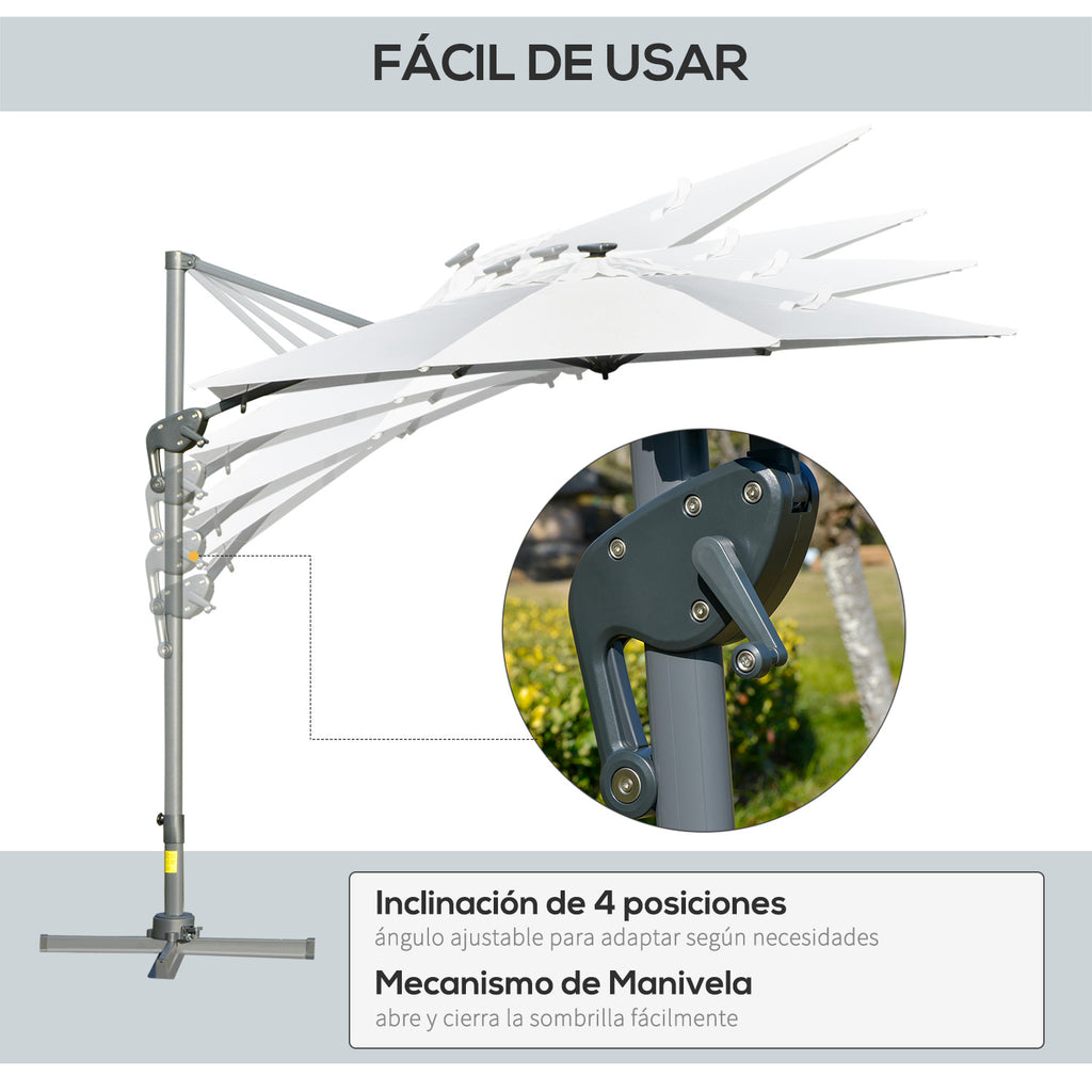 Chapéu de Sol Excêntrico Φ300x248cm com Proteção UV 50+ Giratório 360º com Manivela Luzes LED Painel Solar e Teto Reclinável Branco — foto 5