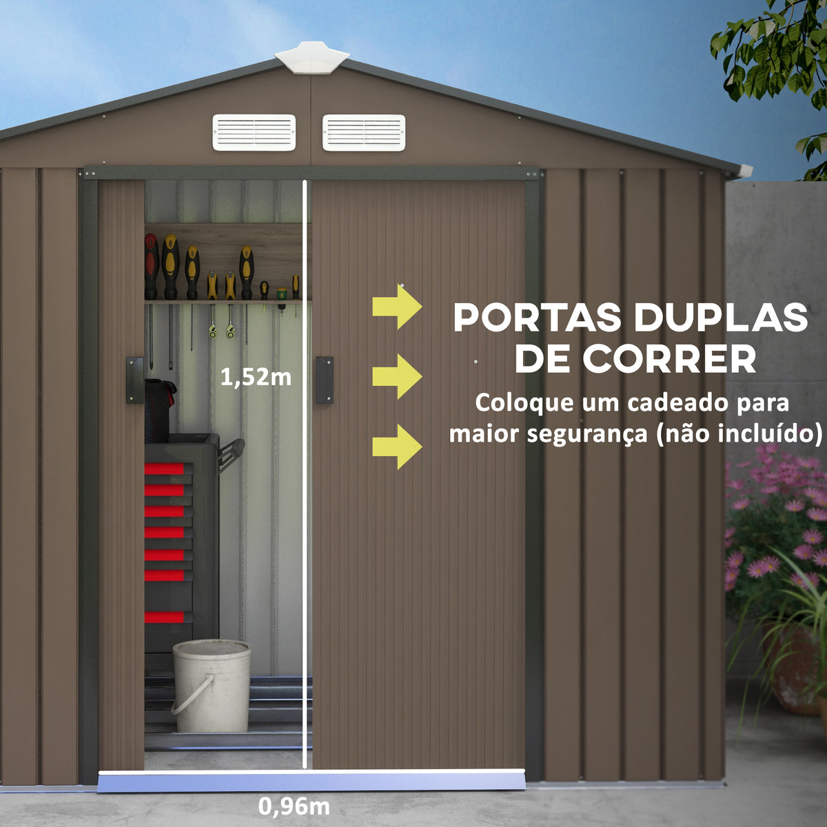 Abrigo de Jardim 213x130x185 cm Abrigo de Jardim Metálico de Exterior para Armazenamento de Ferramentas com 2 Portas Deslizantes e 4 Janelas para Terraço Marrom — foto 5