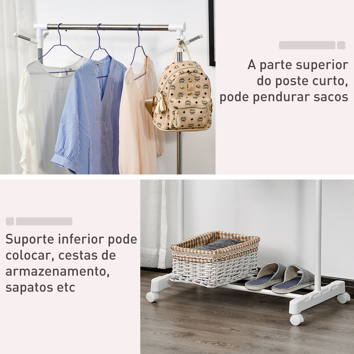 Charriot com Altura Ajustável Cabide com Rodas Portátil Prateleira Inferior Aço 68,5x42x87-145cm Branco e Prata — foto 5