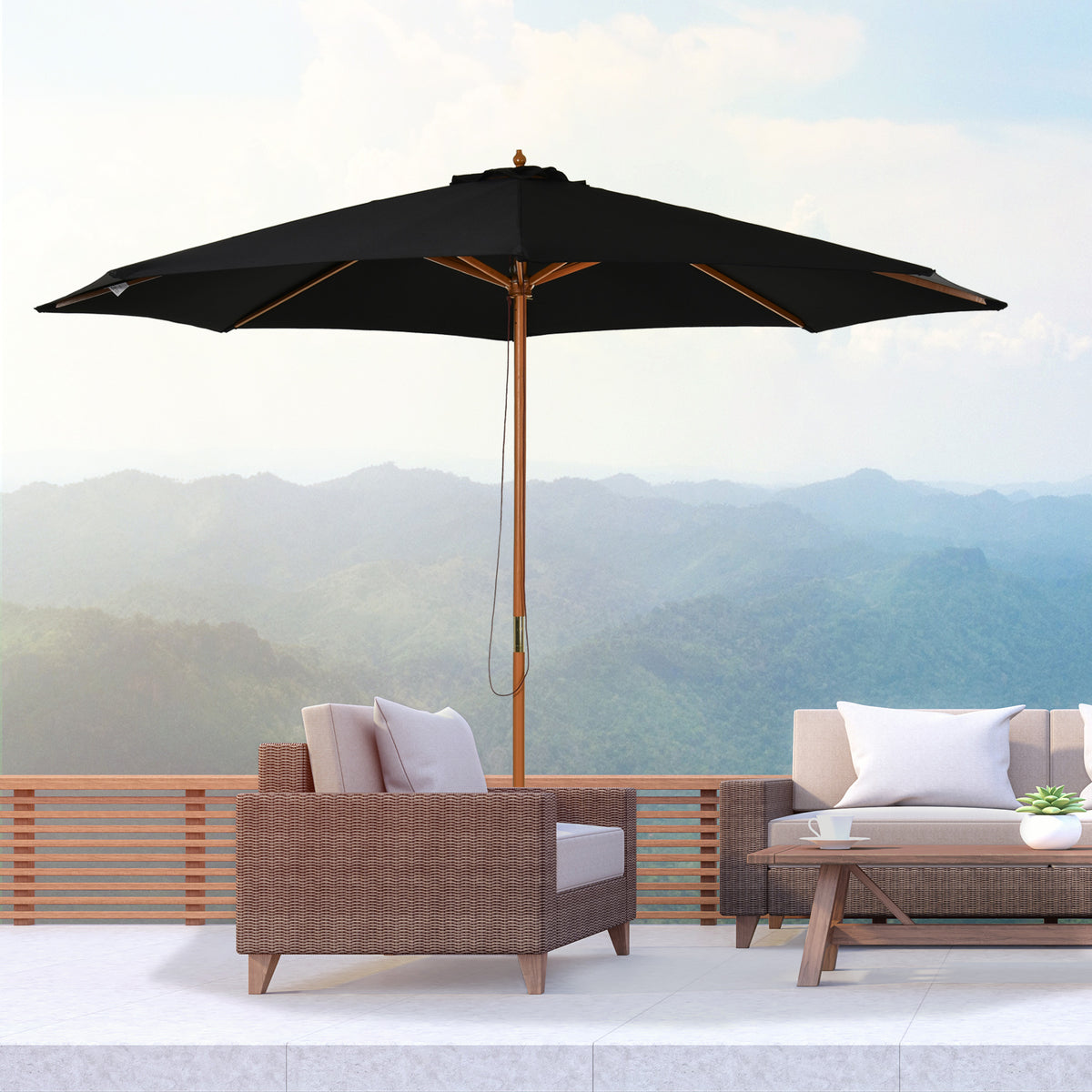 Chapéu de Sol de Jardim Ø300x250cm com Sistema de Polia Teto Ventilado e Mastro Desmontável de Madeira para Terraço Pátio Exterior Preto — foto 2
