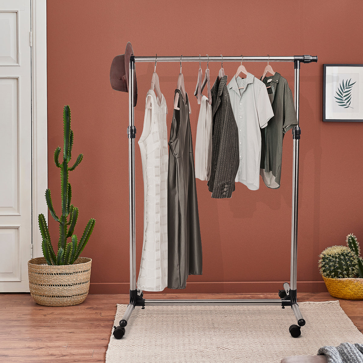 Charriot com Altura Ajustável Cabideiro com Rodas para Roupas Aço Inoxidável 86-160x45x95-170cm Prata e Preto — foto 2