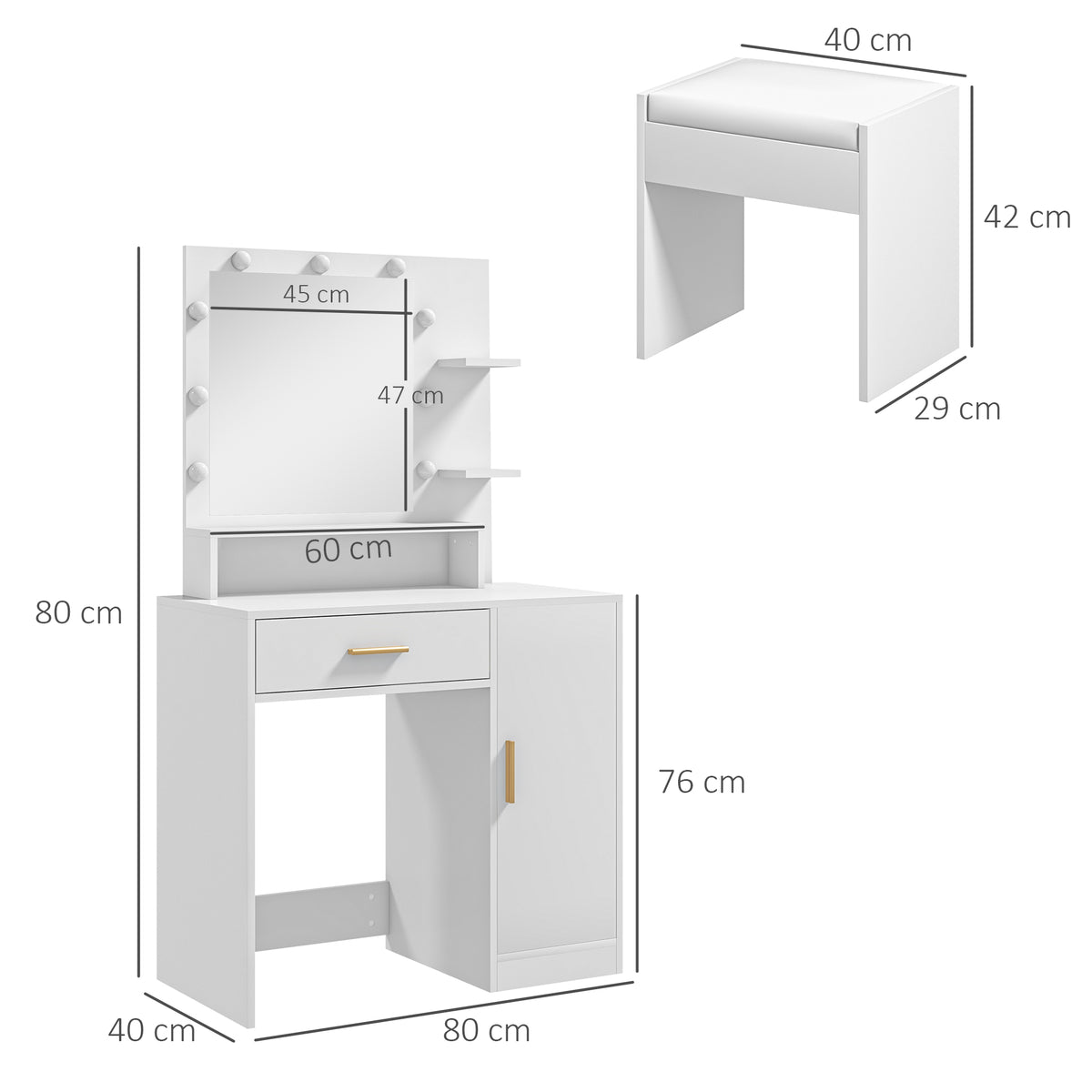 Toucador de Maquilhagem com Banco Mesa de Maquilhagem com Espelho LED Gavetas Prateleira Ajustável e Prateleiras Abertas para Dormitório Sala de Estar Branco — foto 3