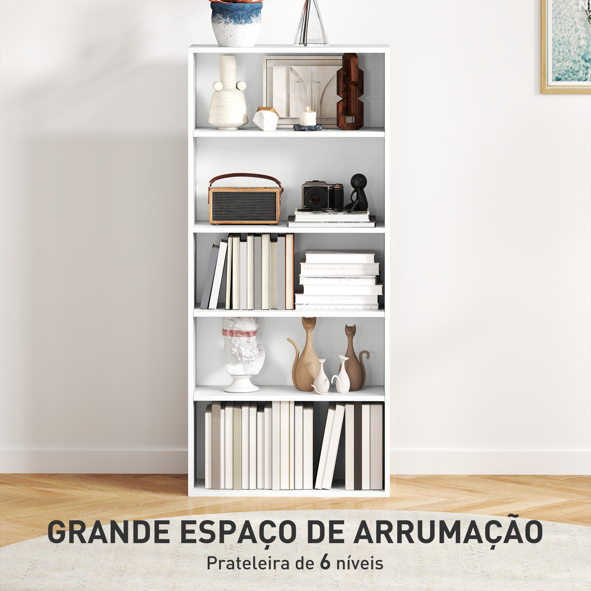 Estante de 5 Níveis Estante para Livros com 2 Prateleiras Ajustáveis para Sala de Estar Escritório Quarto 60x24x133,5 cm Branco — foto 4