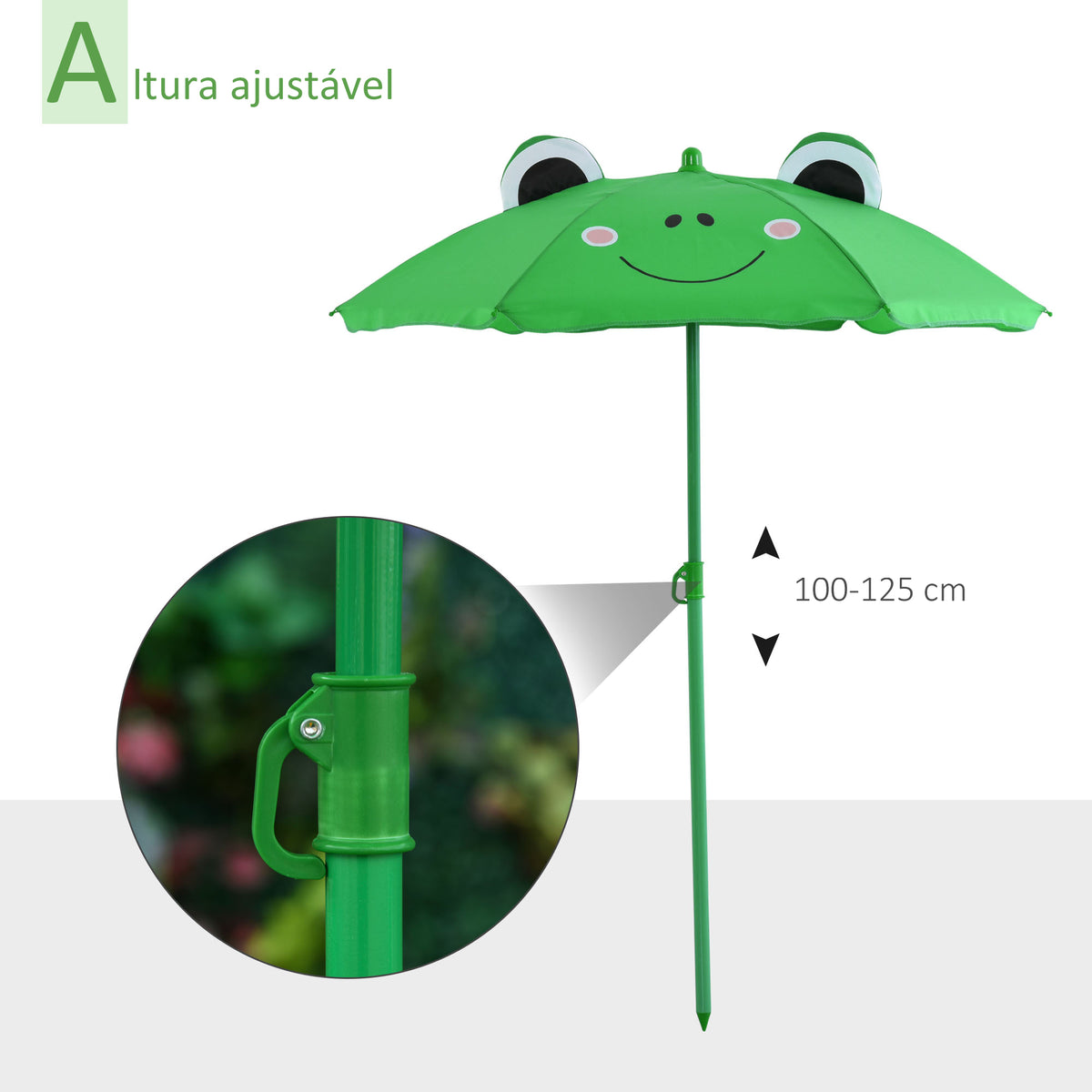 Conjunto de Mesa e Cadeira de Jardim Conjunto de Picnic Dobrável para Crianças Conjunto de Mesa com Chapéu de Sol com Altura Ajustável 100-125cm Desenho de Sapo Verde — foto 6