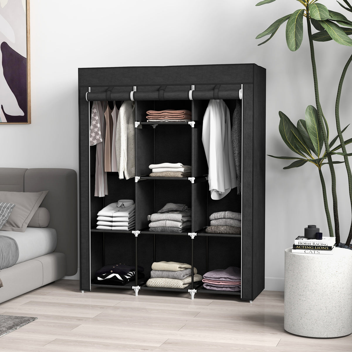 Roupeiro de Tecido Dobrável Armário Portátil com 8 Prateleiras de Armazenamento e 2 Barras de Pendurar Organizador de Roupa para Dormitório Vestidor 125x43x162,5 cm Preto — foto 2